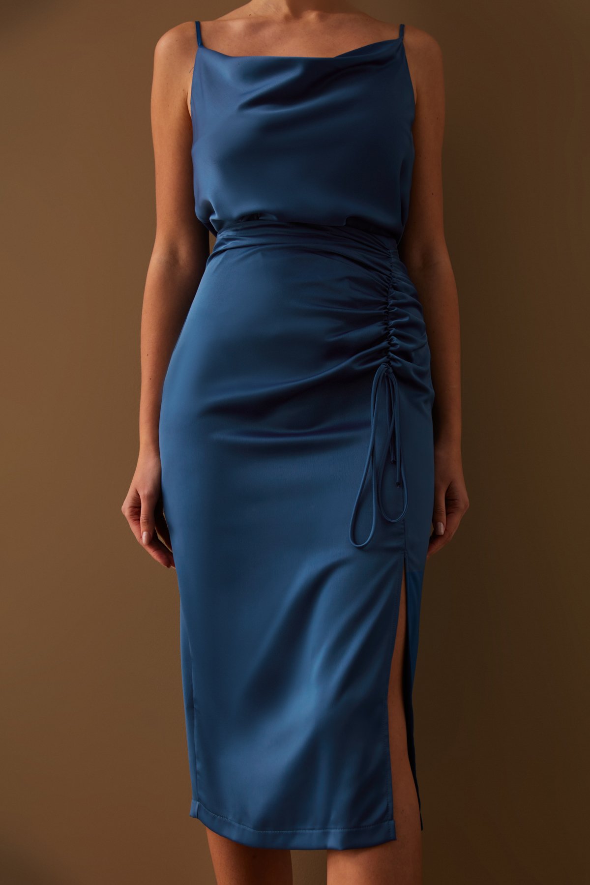 Büzgü Detaylı Saten Etek - SAX MAVİ