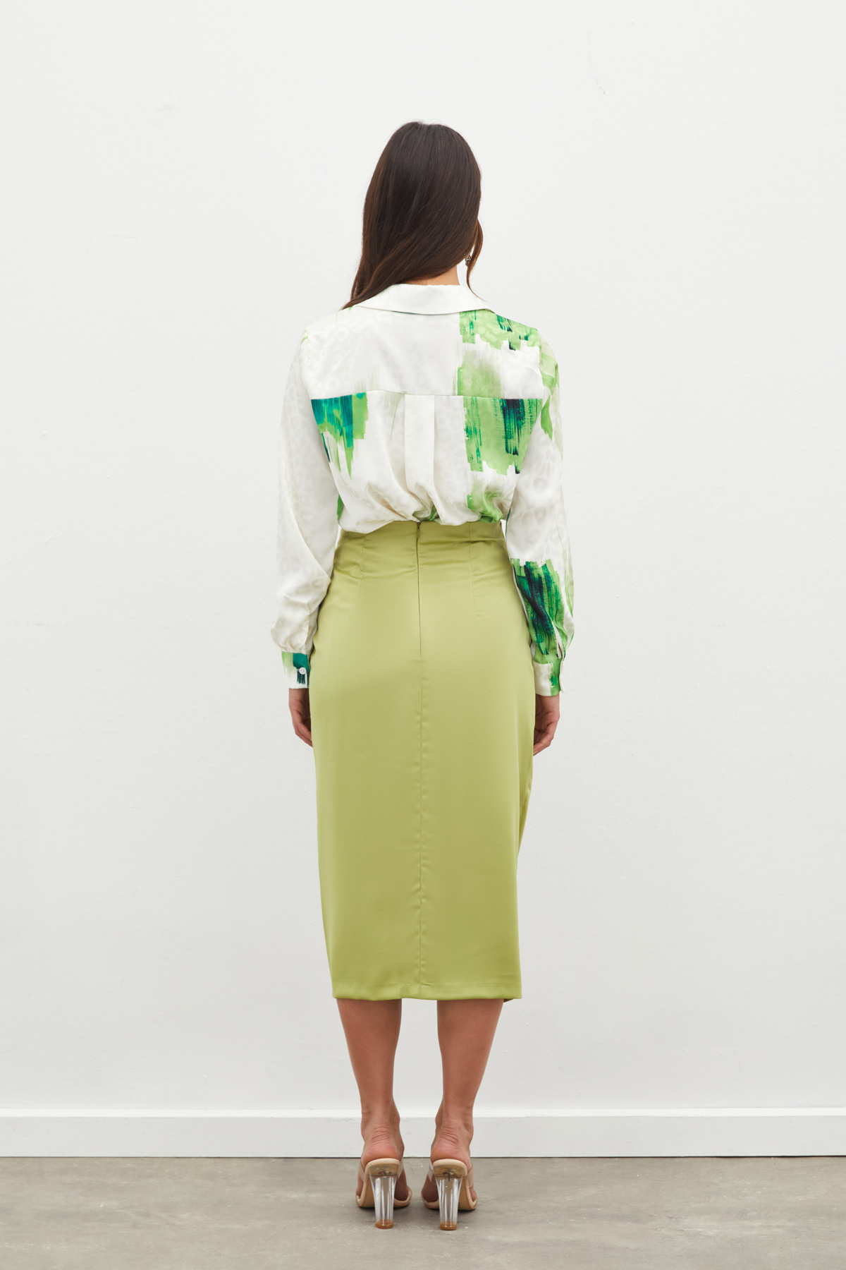 Büzgü Detaylı Saten Etek - YAĞ YEŞİLİ