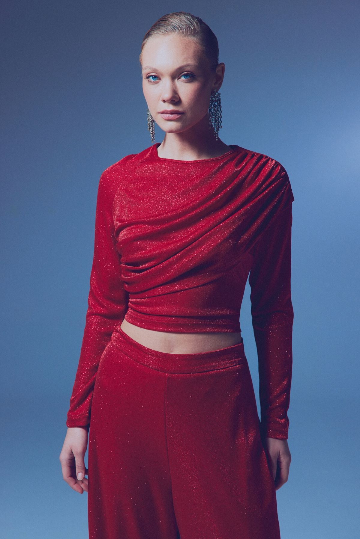 Büzgü Detaylı Simli Bluz - KIRMIZI