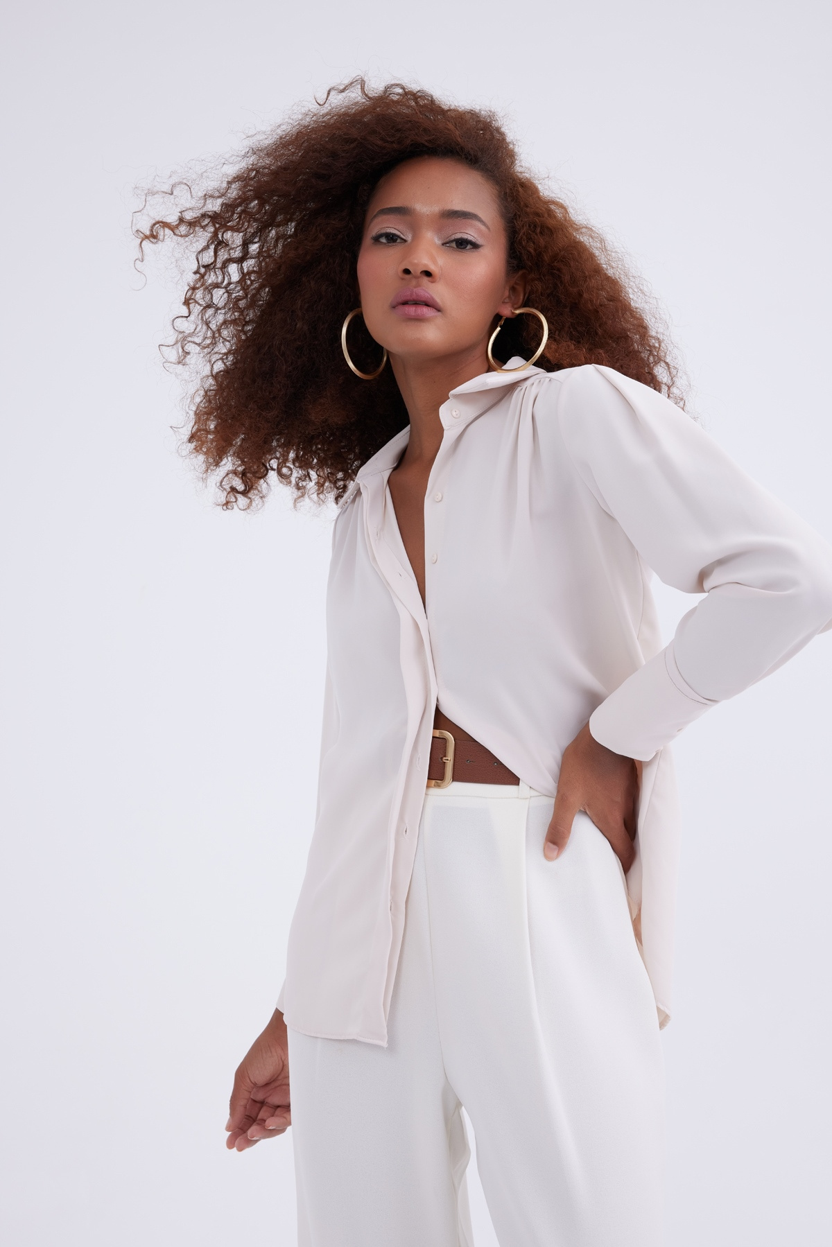 shirred shirt - BEIGE