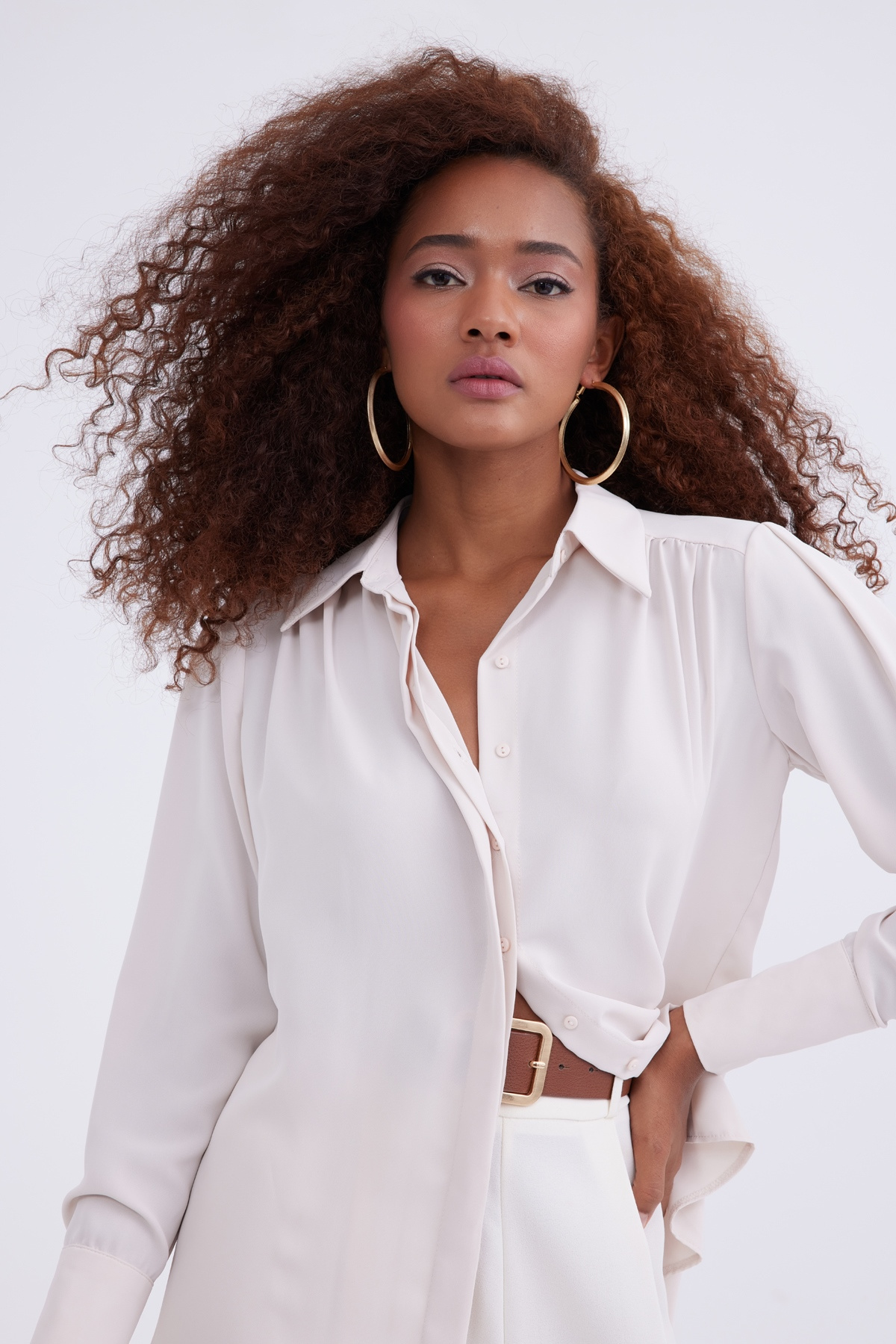 shirred shirt - BEIGE