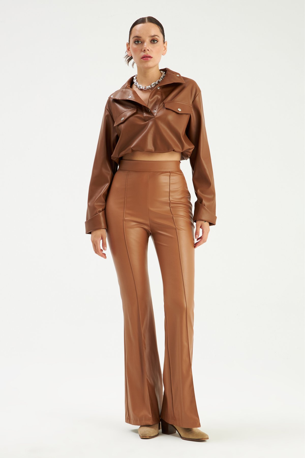 Pleated Leather Blouse - BROWN