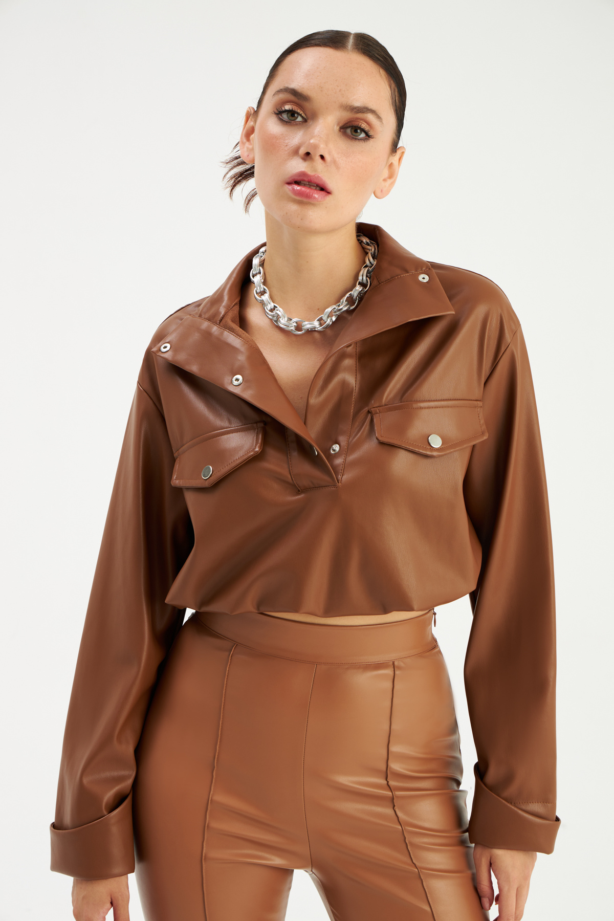 Pleated Leather Blouse - BROWN