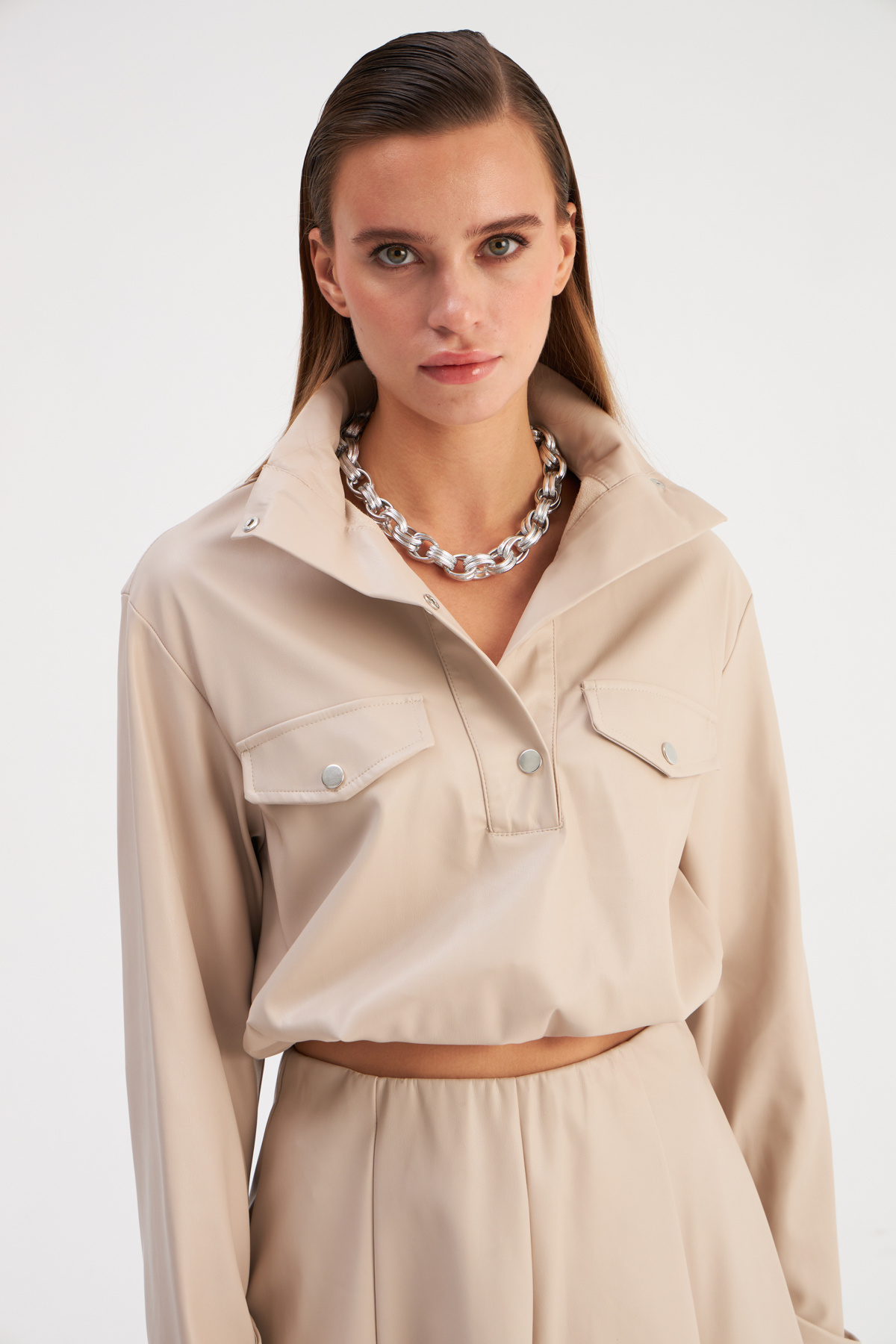 Pleated Leather Blouse - STONE