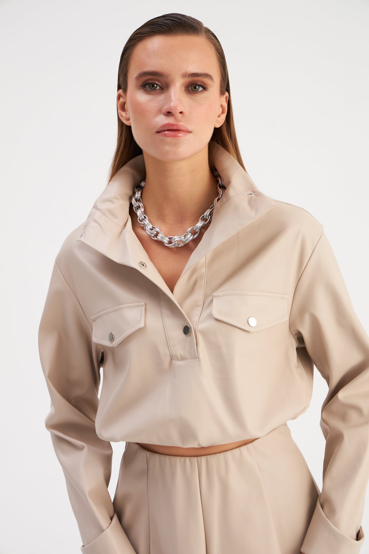 Pleated Leather Blouse - STONE