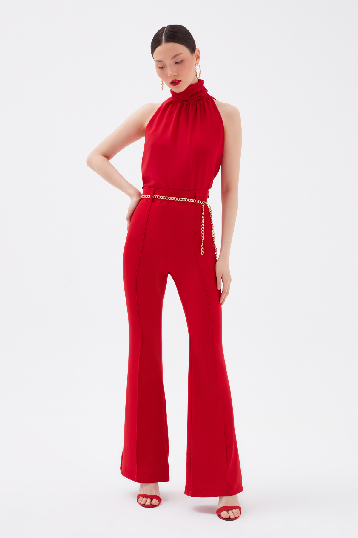 Büzgülü yaka kolsuz bluz - KIRMIZI