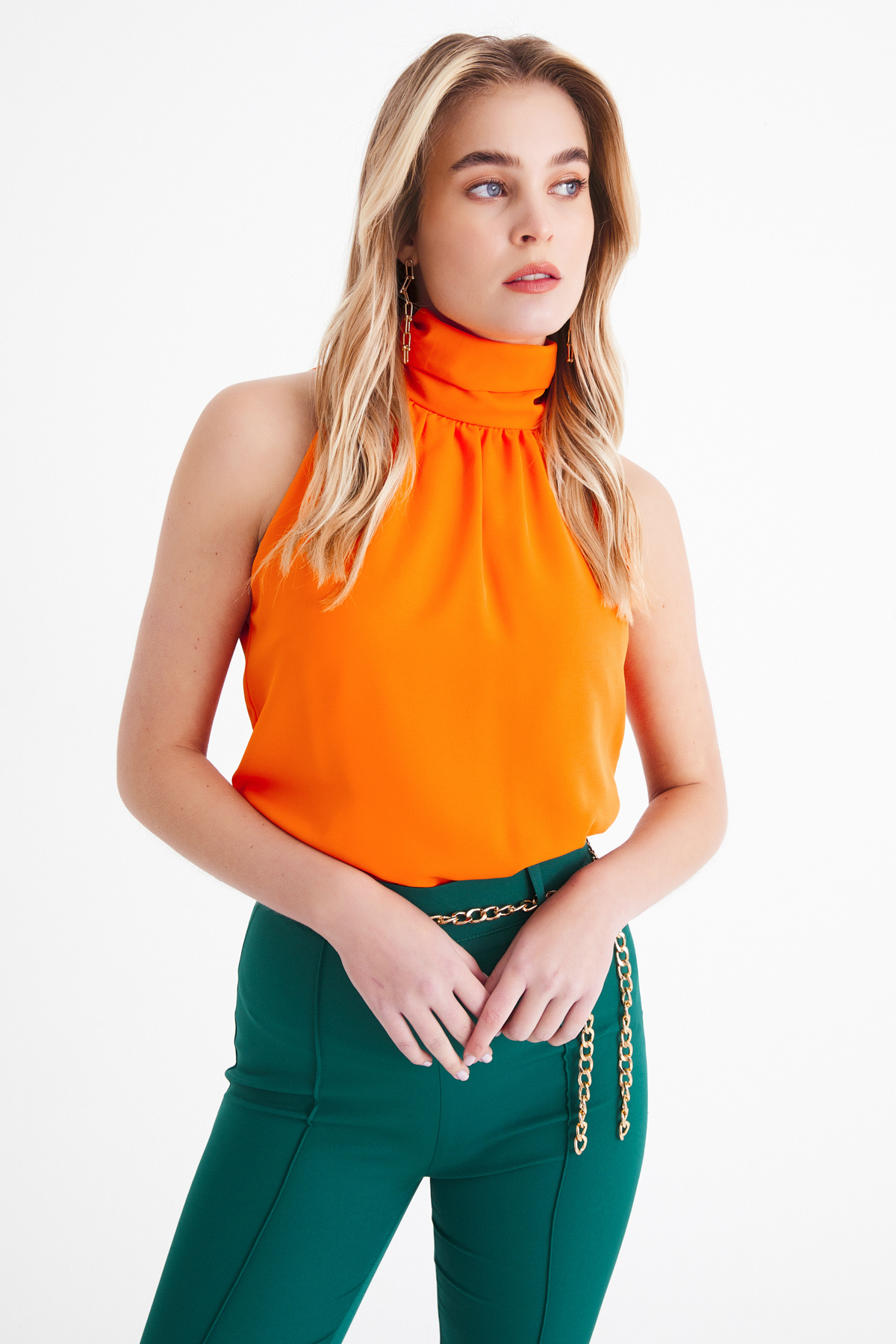 Pleated collar sleeveless blouse - ORANJ