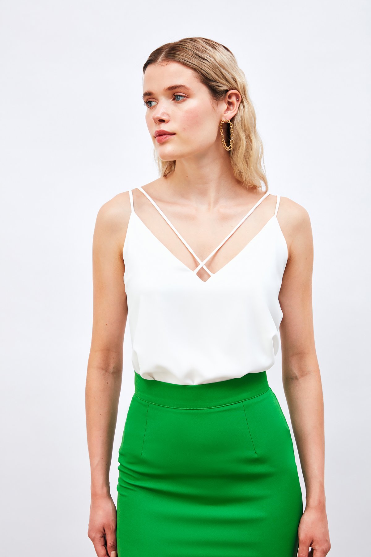 Çapraz İp Askılı Bluz - EKRU