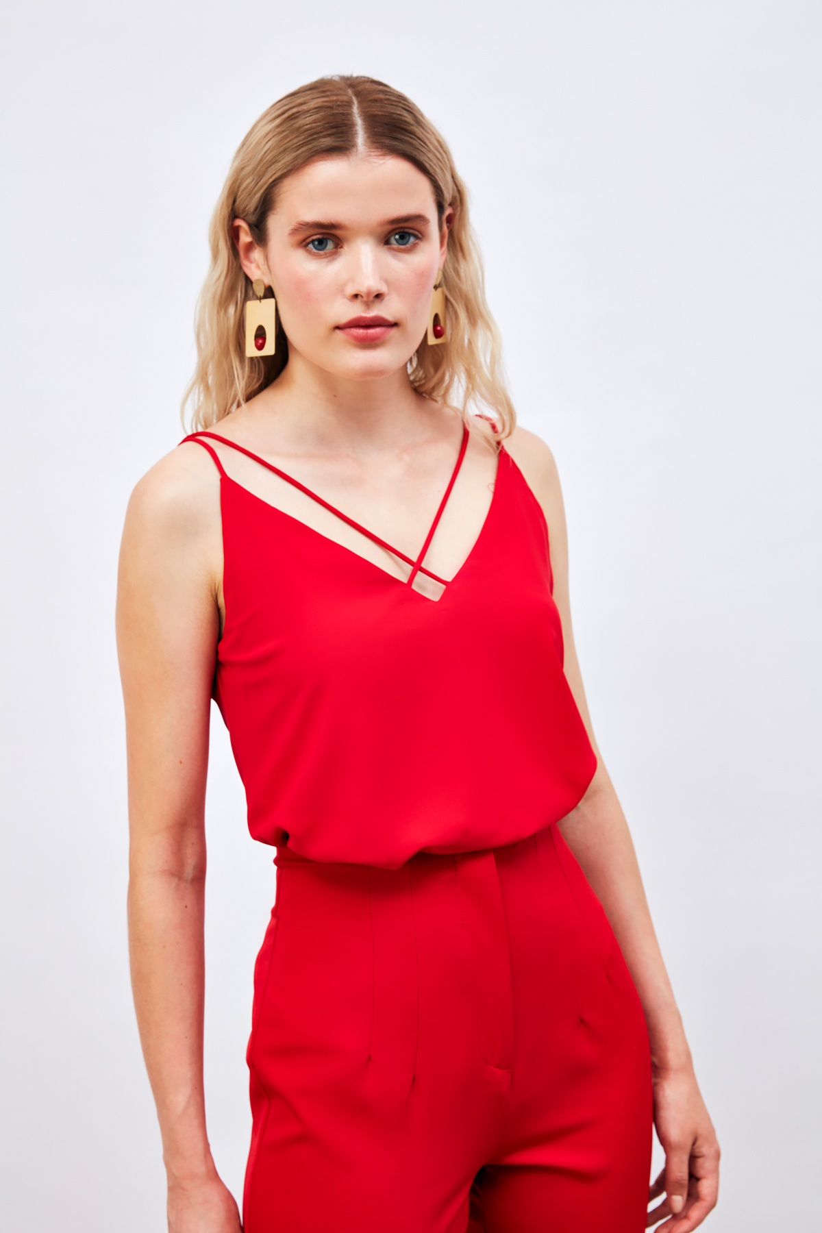 Çapraz İp Askılı Bluz - KIRMIZI