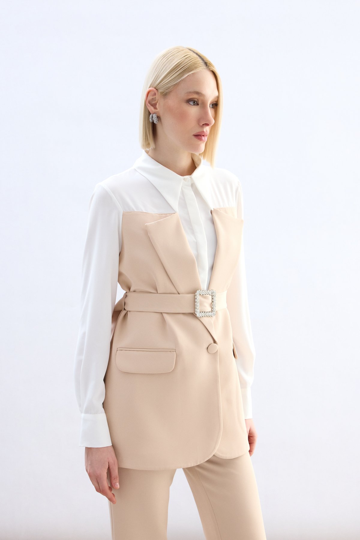 Ceket Görünümlü Gömlek - Bej