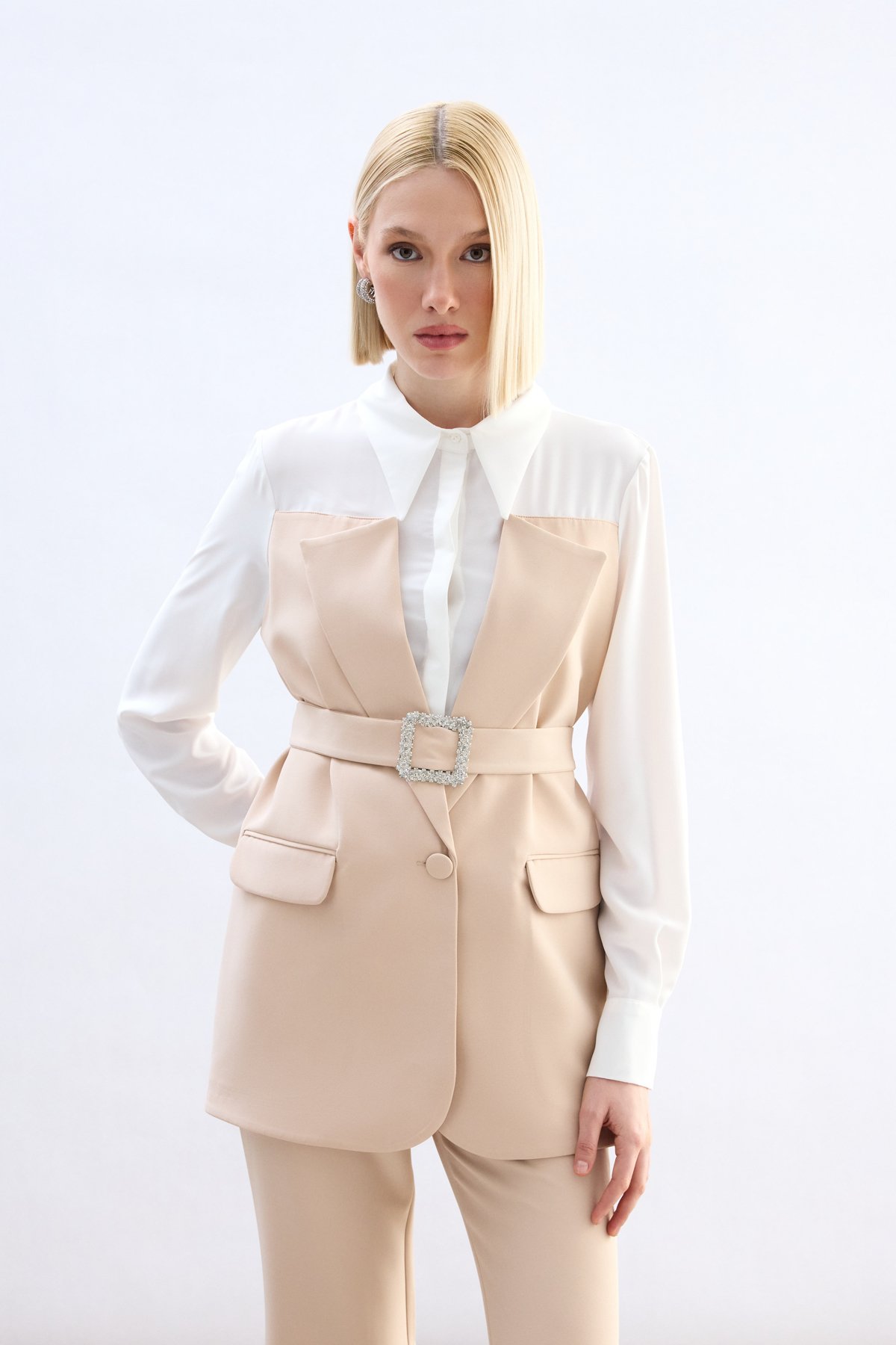 Ceket Görünümlü Gömlek - Bej