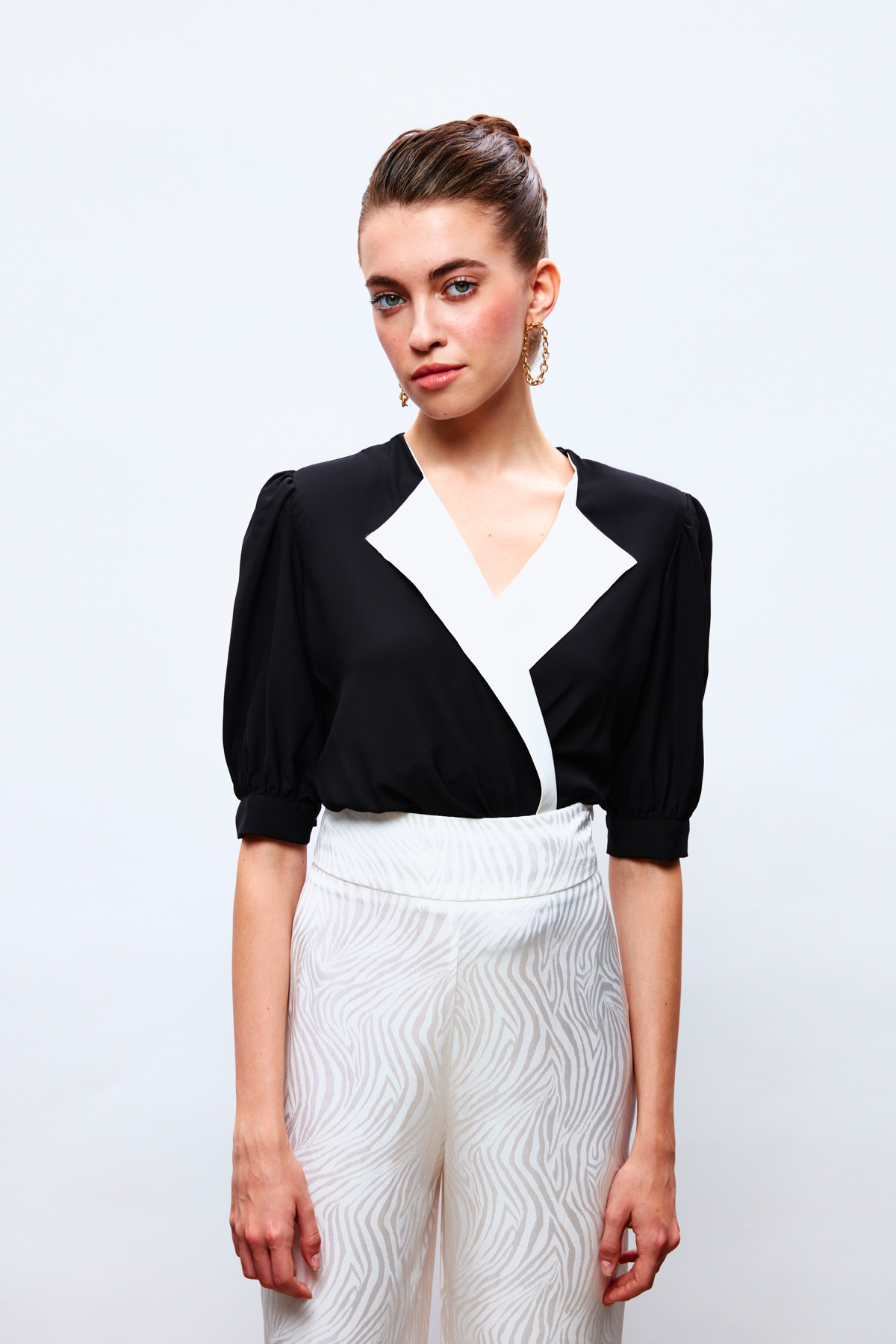 Ceket Yaka Bodysuit Bluz - SİYAH