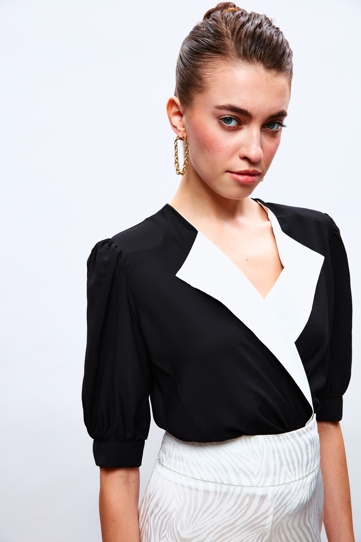 Ceket Yaka Bodysuit Bluz - SİYAH