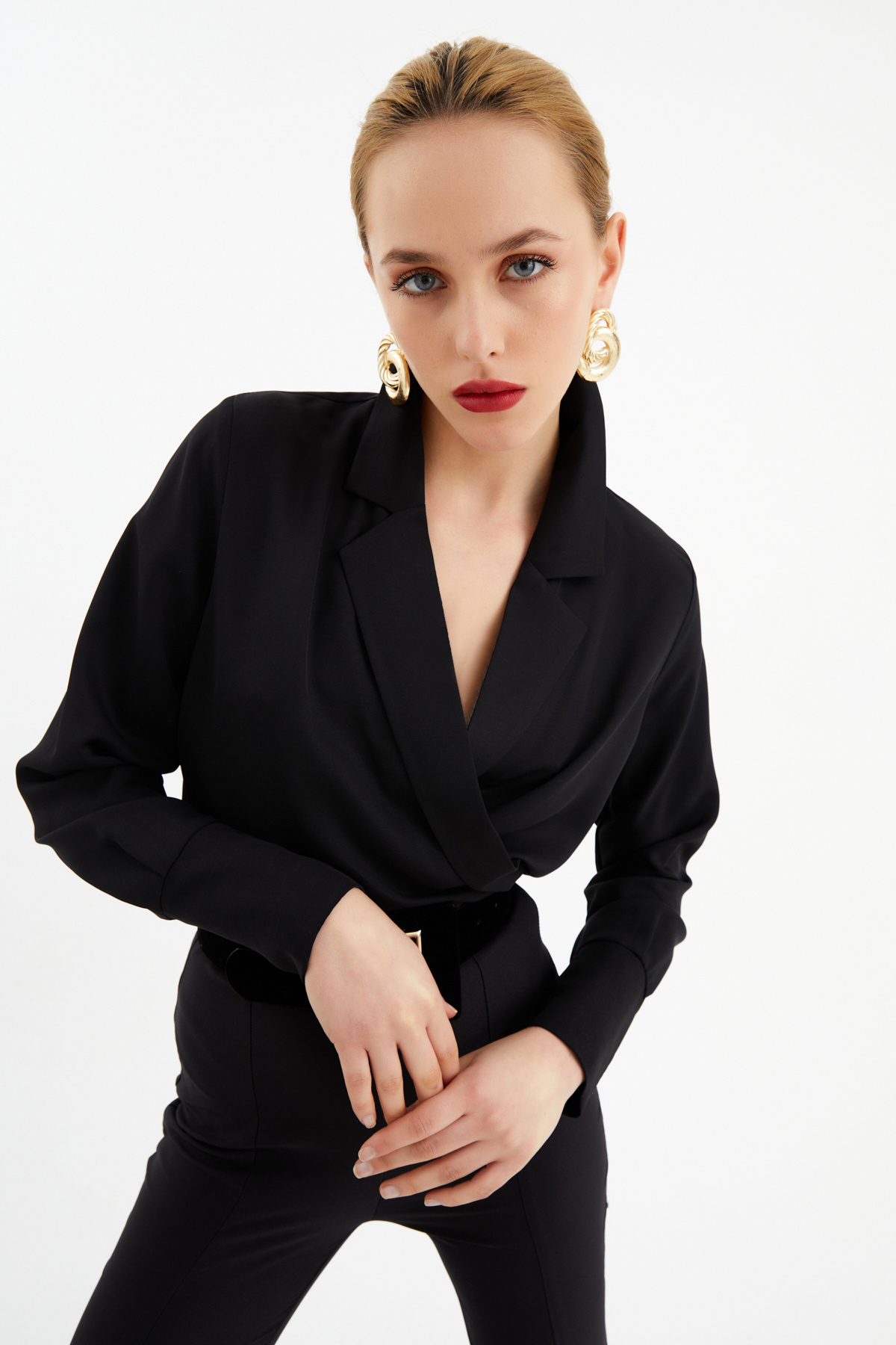 Ceket yaka bodysuit - SİYAH