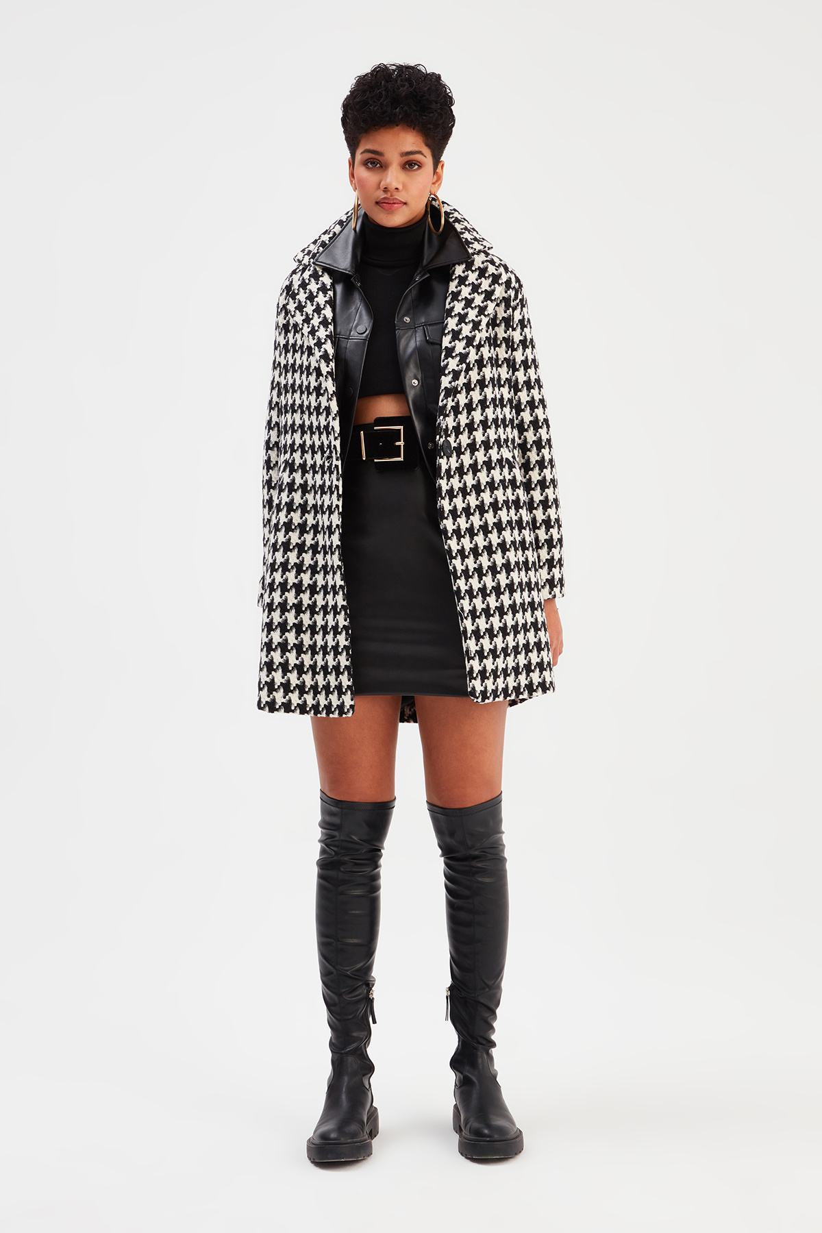 Jacket Collar Patterned Coat - ECRU-BLACK