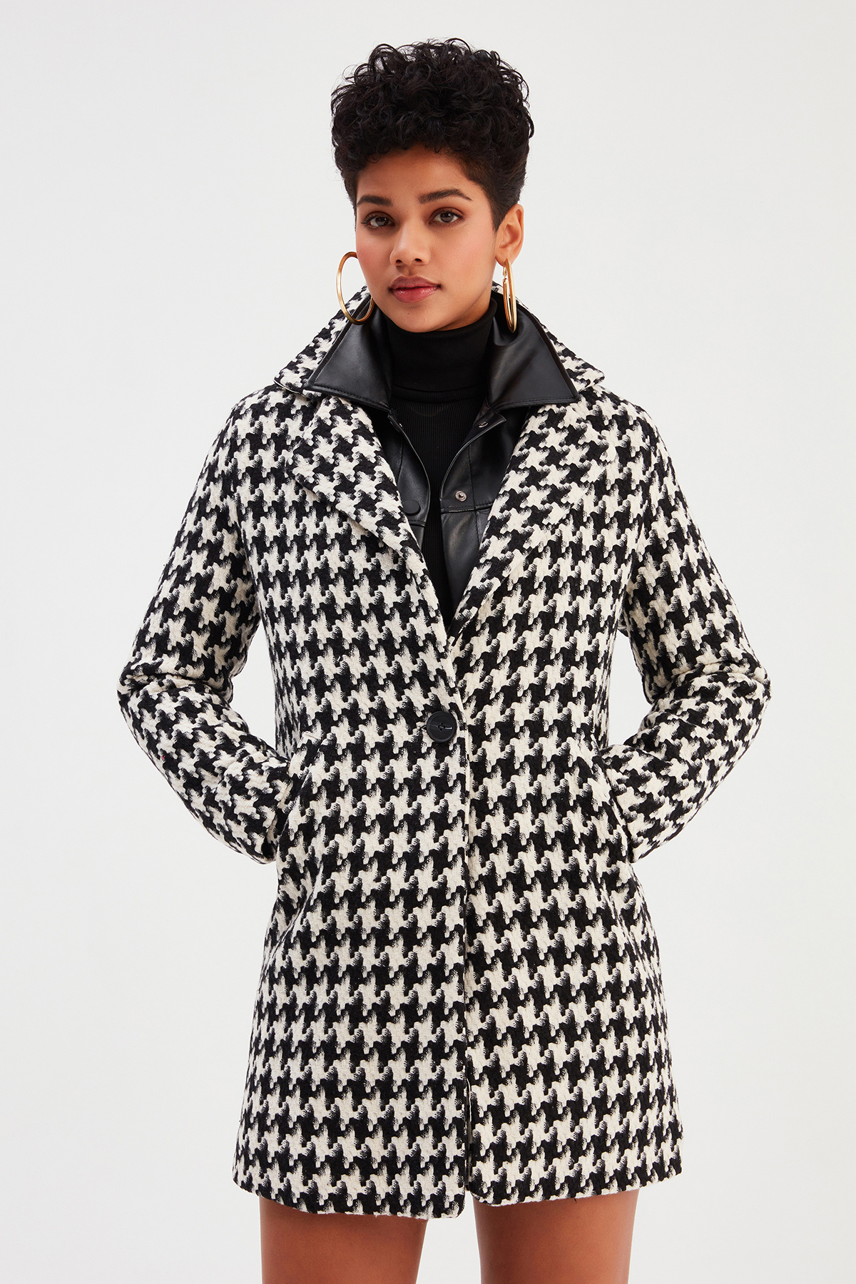 Jacket Collar Patterned Coat - ECRU-BLACK