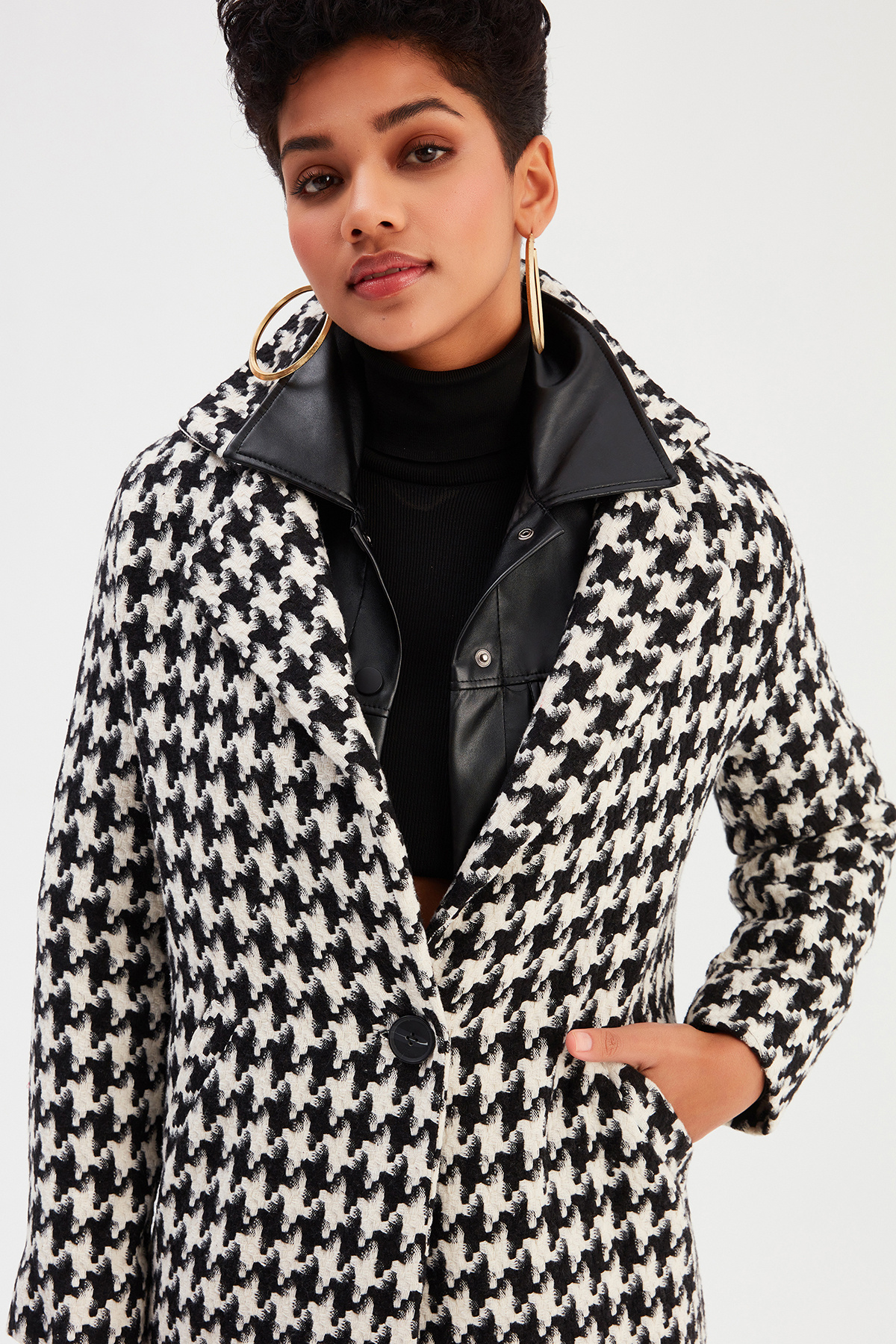 Jacket Collar Patterned Coat - ECRU-BLACK