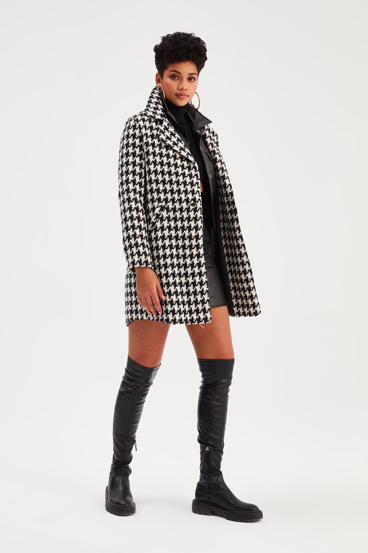 Jacket Collar Patterned Coat - ECRU-BLACK