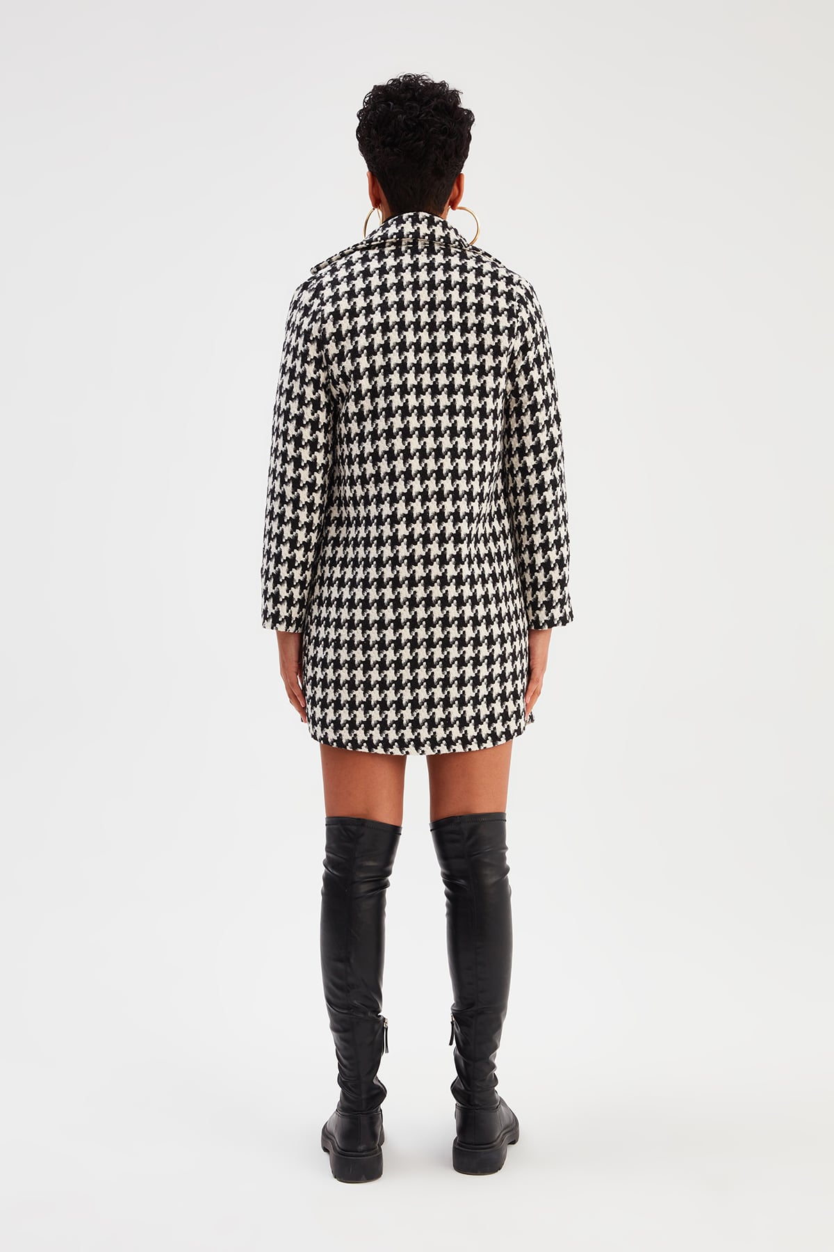 Jacket Collar Patterned Coat - ECRU-BLACK