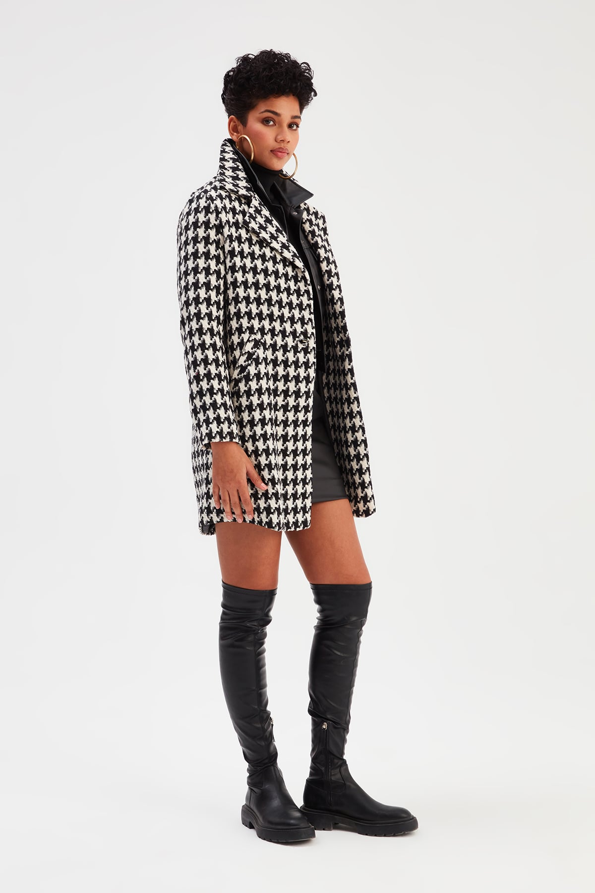 Jacket Collar Patterned Coat - ECRU-BLACK