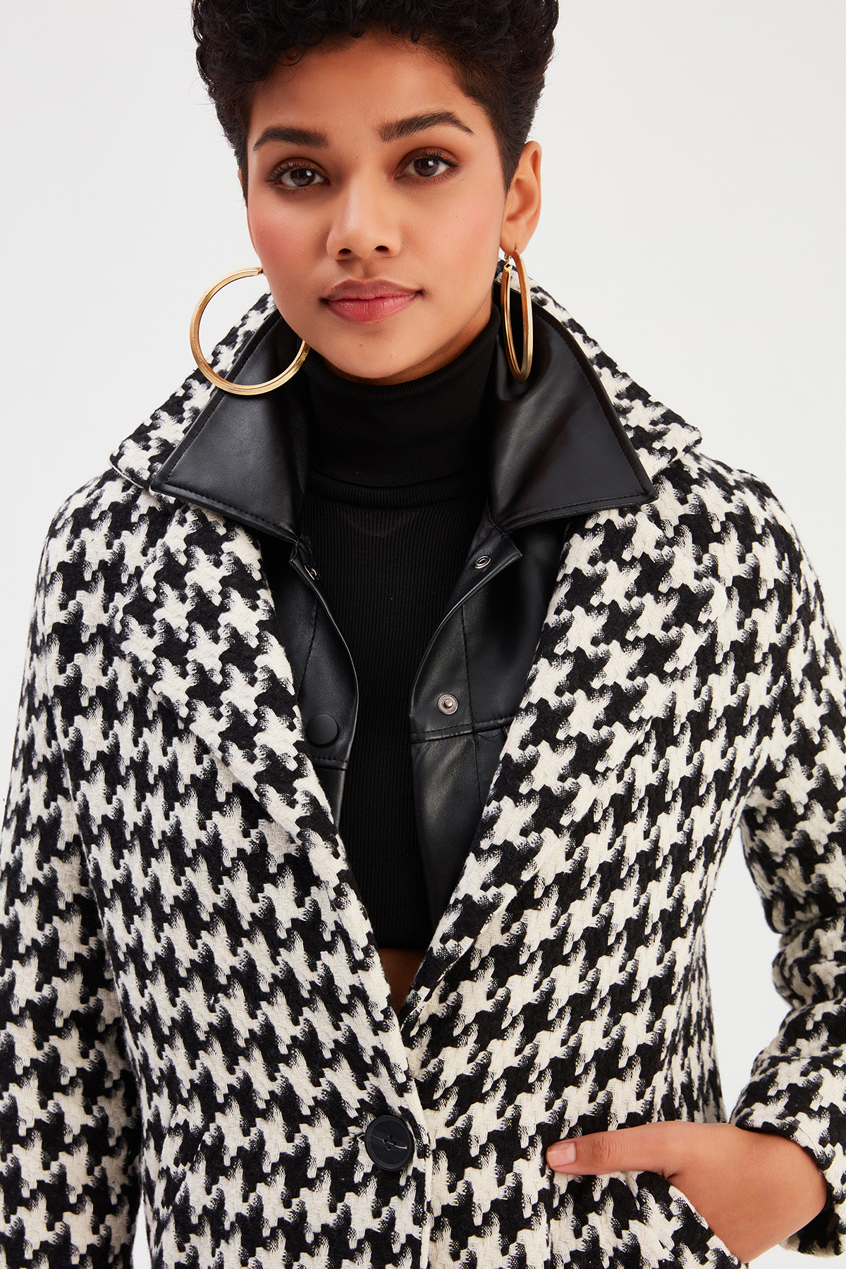 Jacket Collar Patterned Coat - ECRU-BLACK