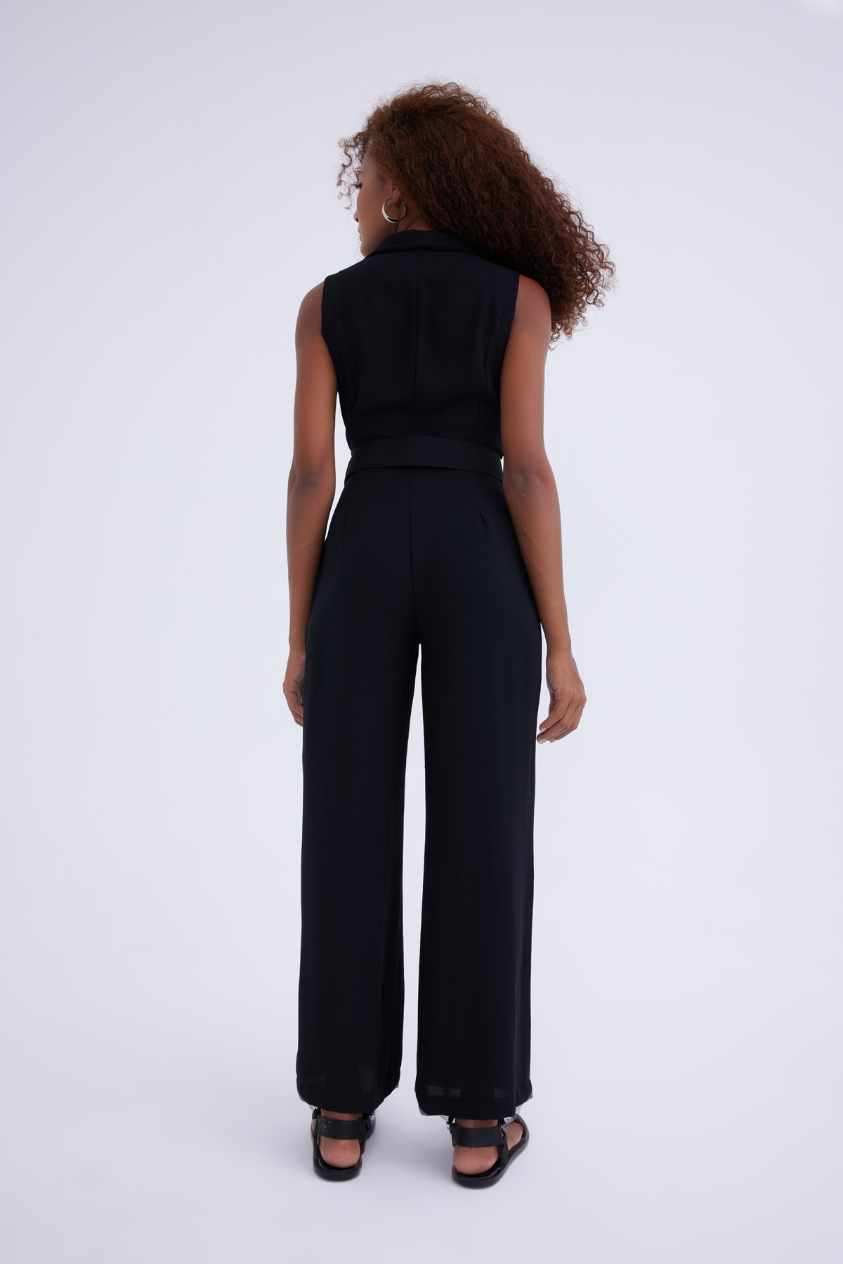 Ceket yaka kemerli krep tulum - SİYAH