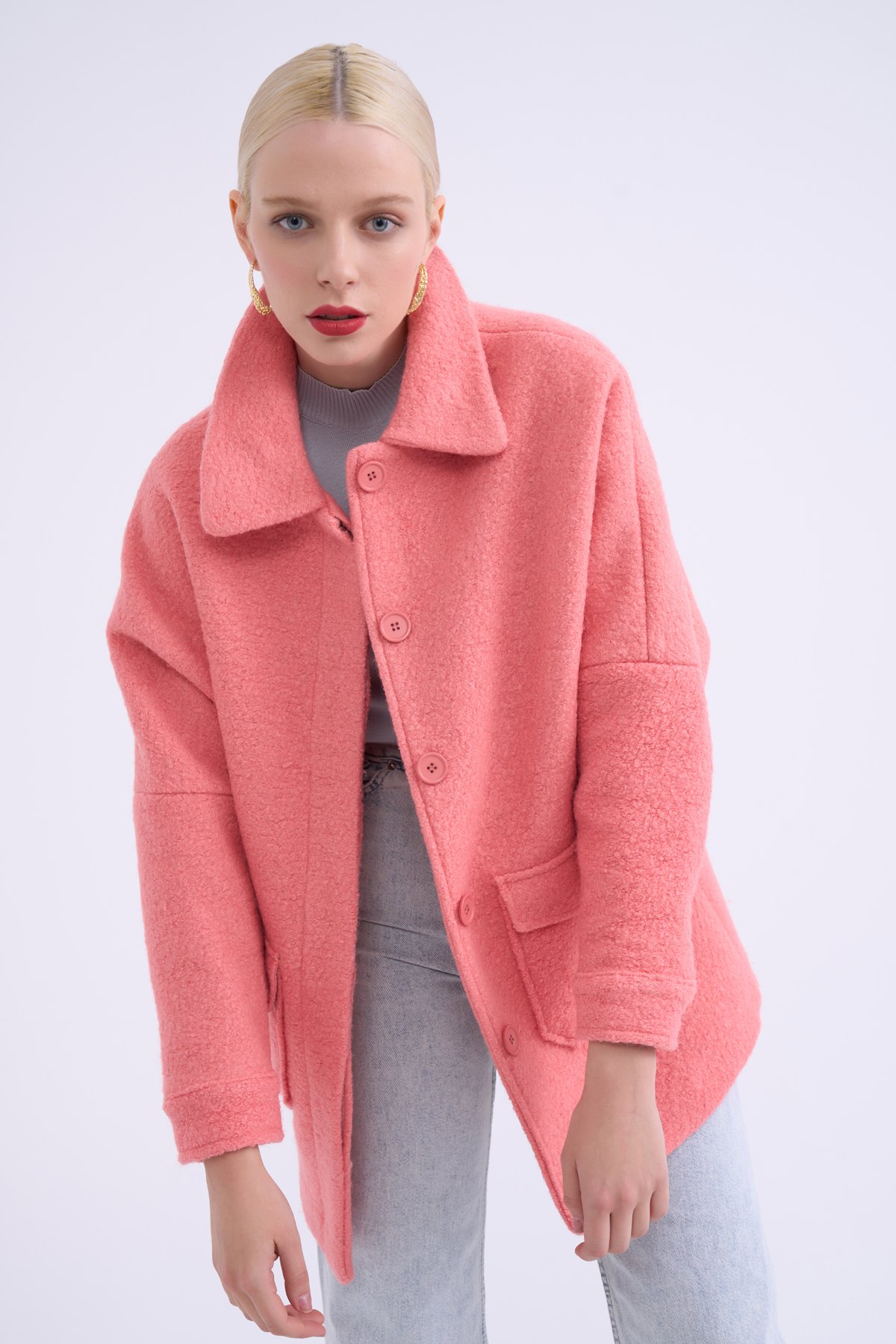 Pocket detailed boucle coat - POWDER