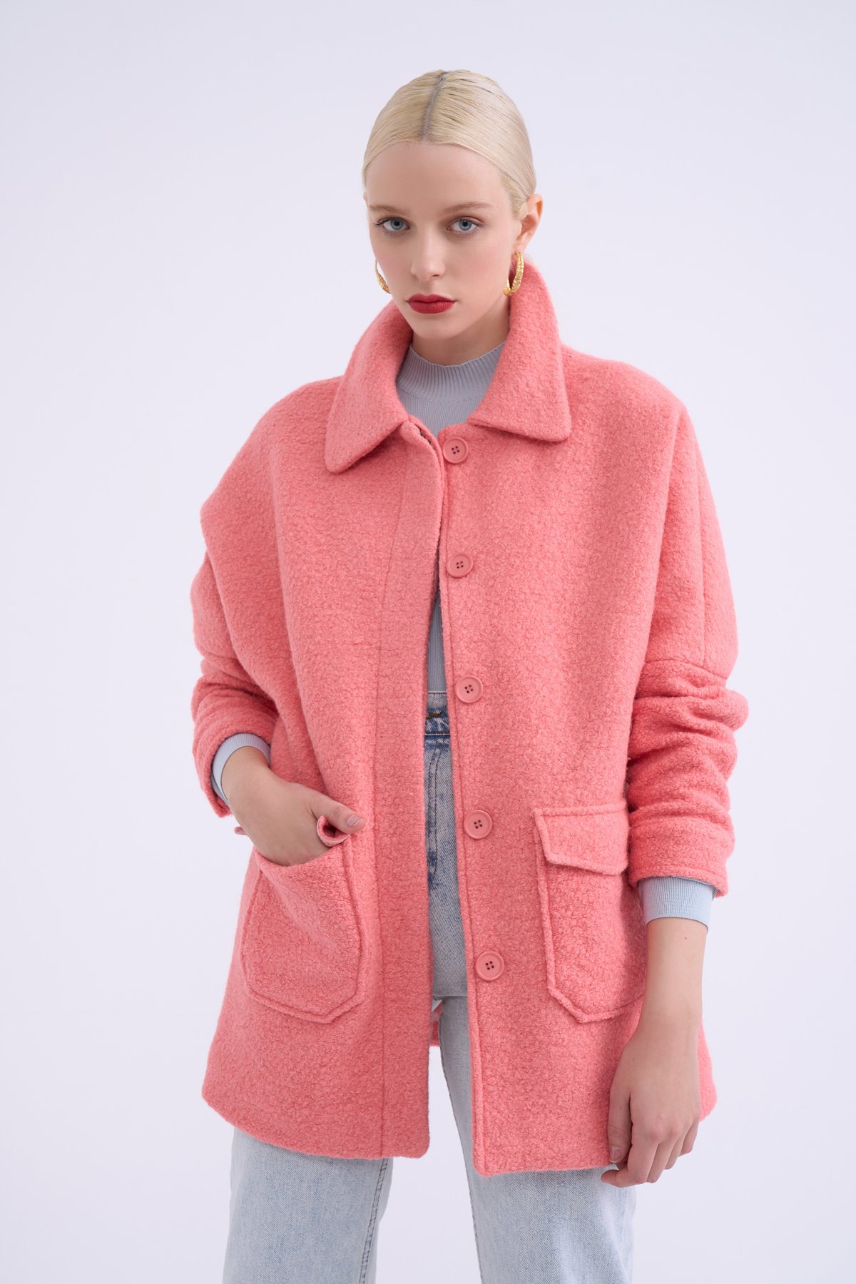 Pocket detailed boucle coat - POWDER