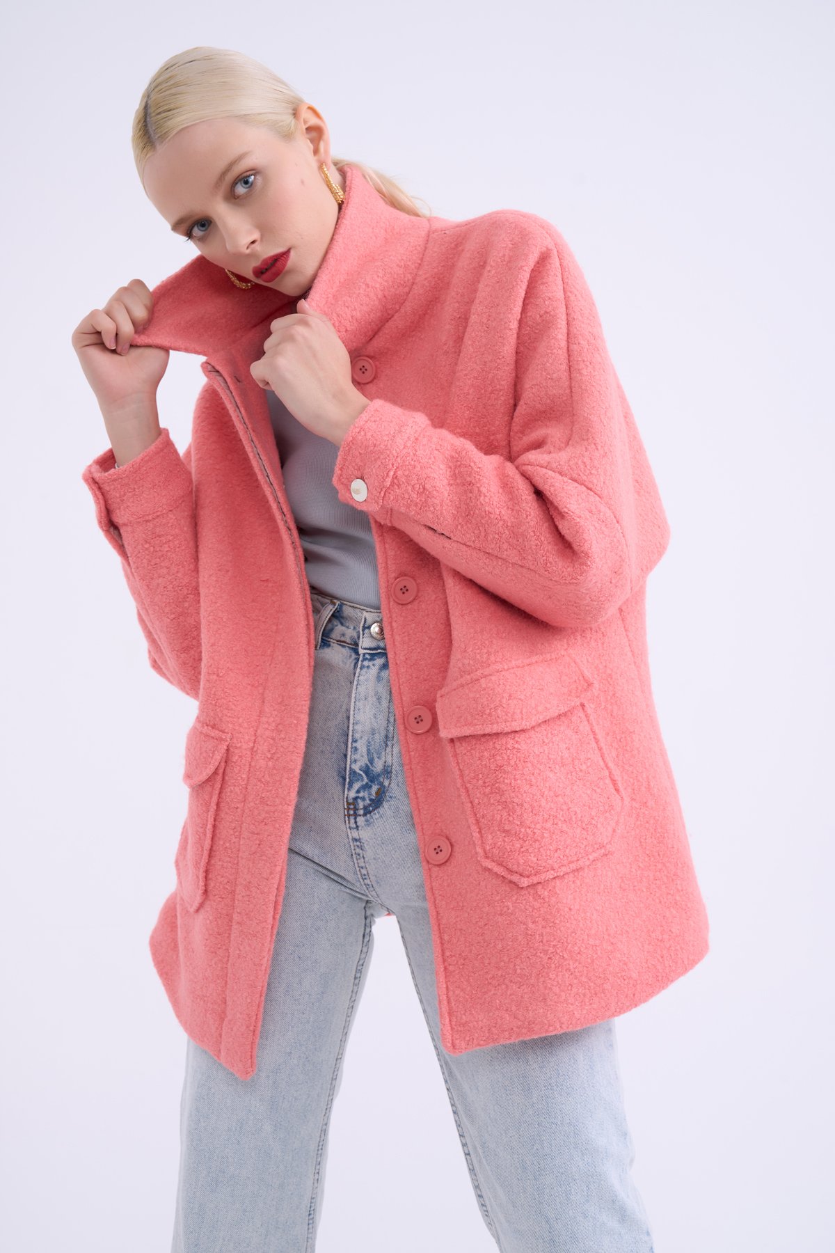 Pocket detailed boucle coat - POWDER