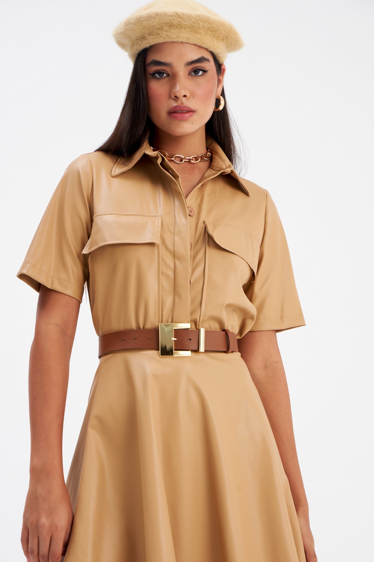 Cep Detaylı Kısa Kol Deri Gömlek - BEJ