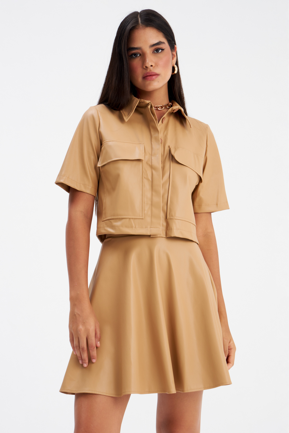 Cep Detaylı Kısa Kol Deri Gömlek - BEJ