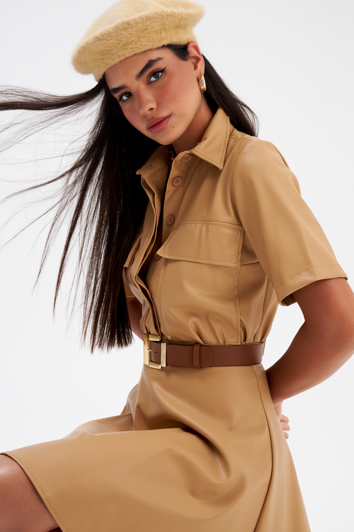 Cep Detaylı Kısa Kol Deri Gömlek - BEJ