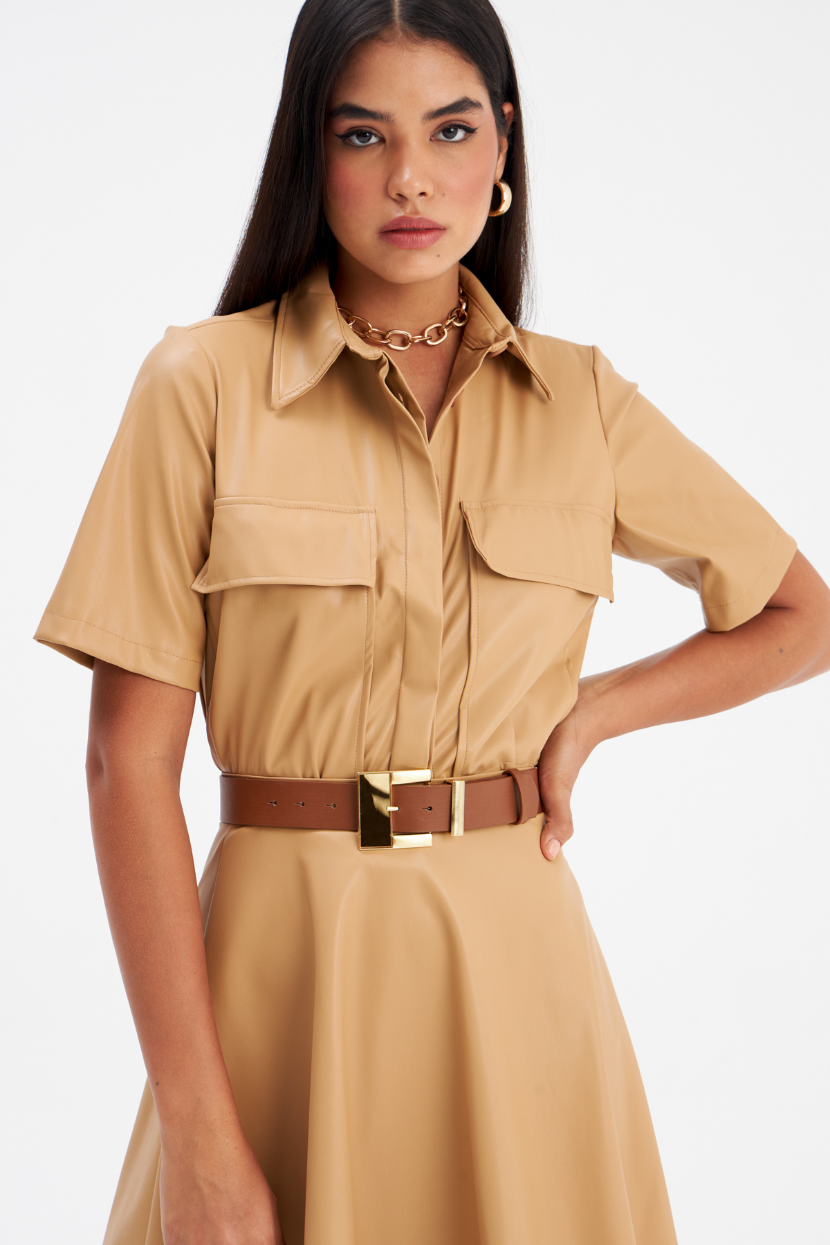 Cep Detaylı Kısa Kol Deri Gömlek - BEJ