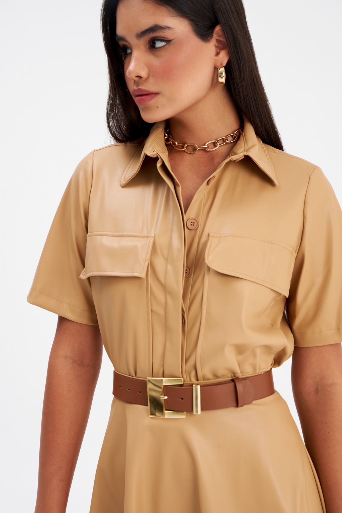 Cep Detaylı Kısa Kol Deri Gömlek - BEJ