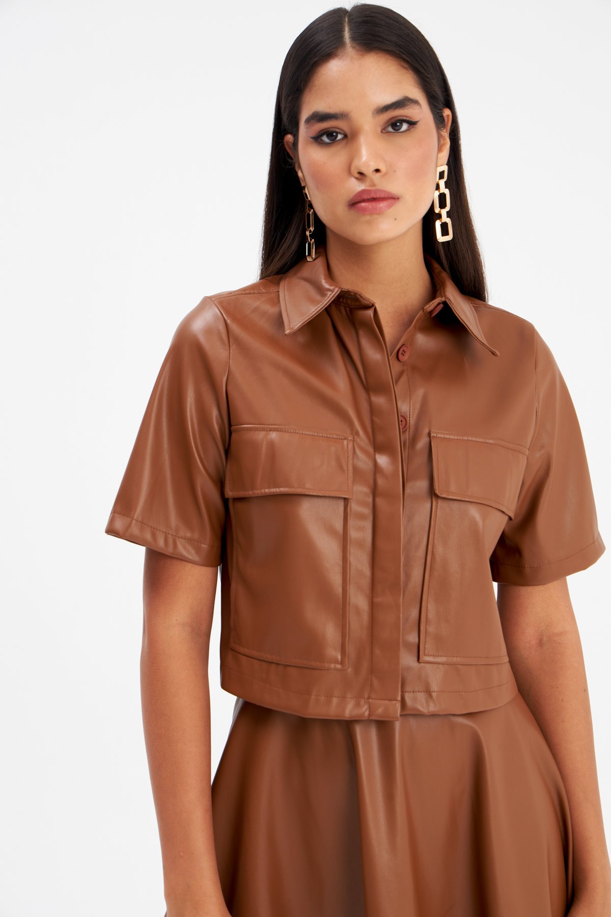Cep Detaylı Kısa Kol Deri Gömlek - KAHVE