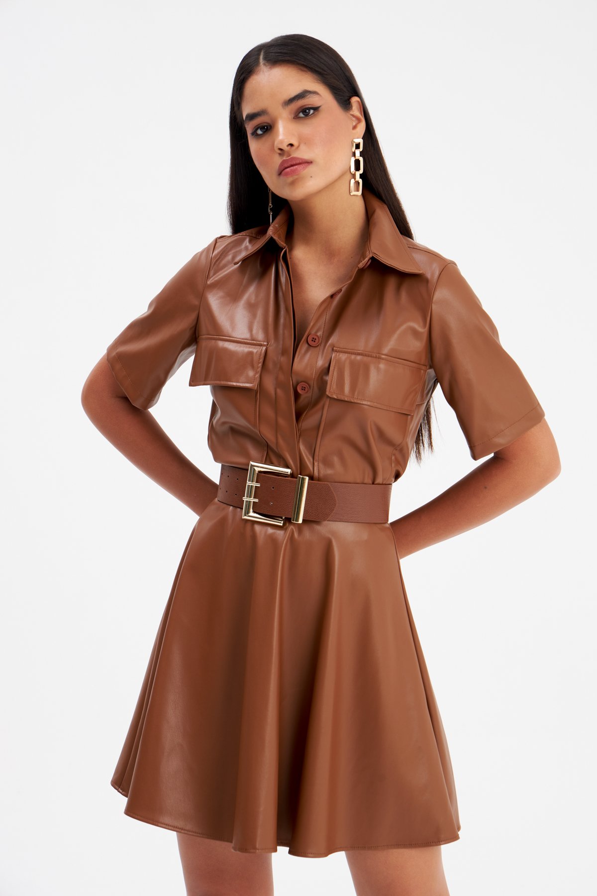 Cep Detaylı Kısa Kol Deri Gömlek - KAHVE