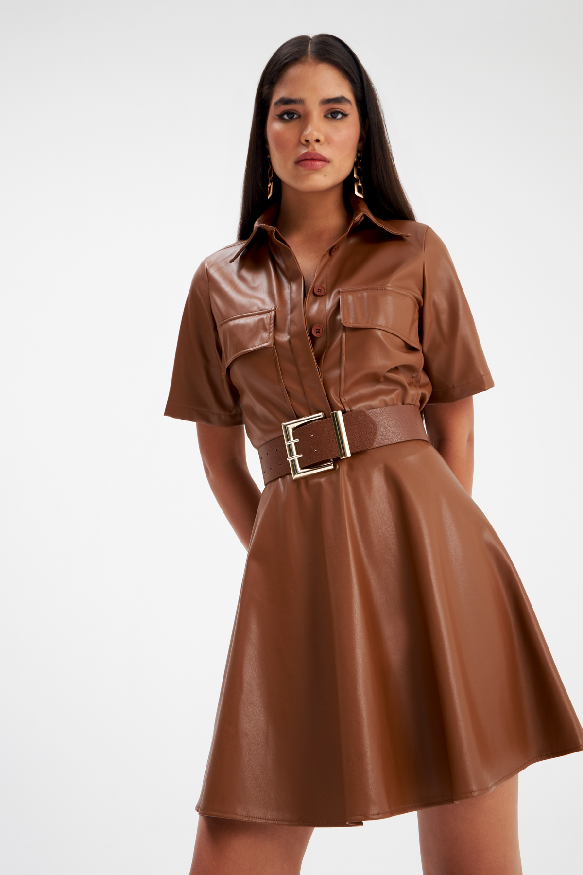 Cep Detaylı Kısa Kol Deri Gömlek - KAHVE