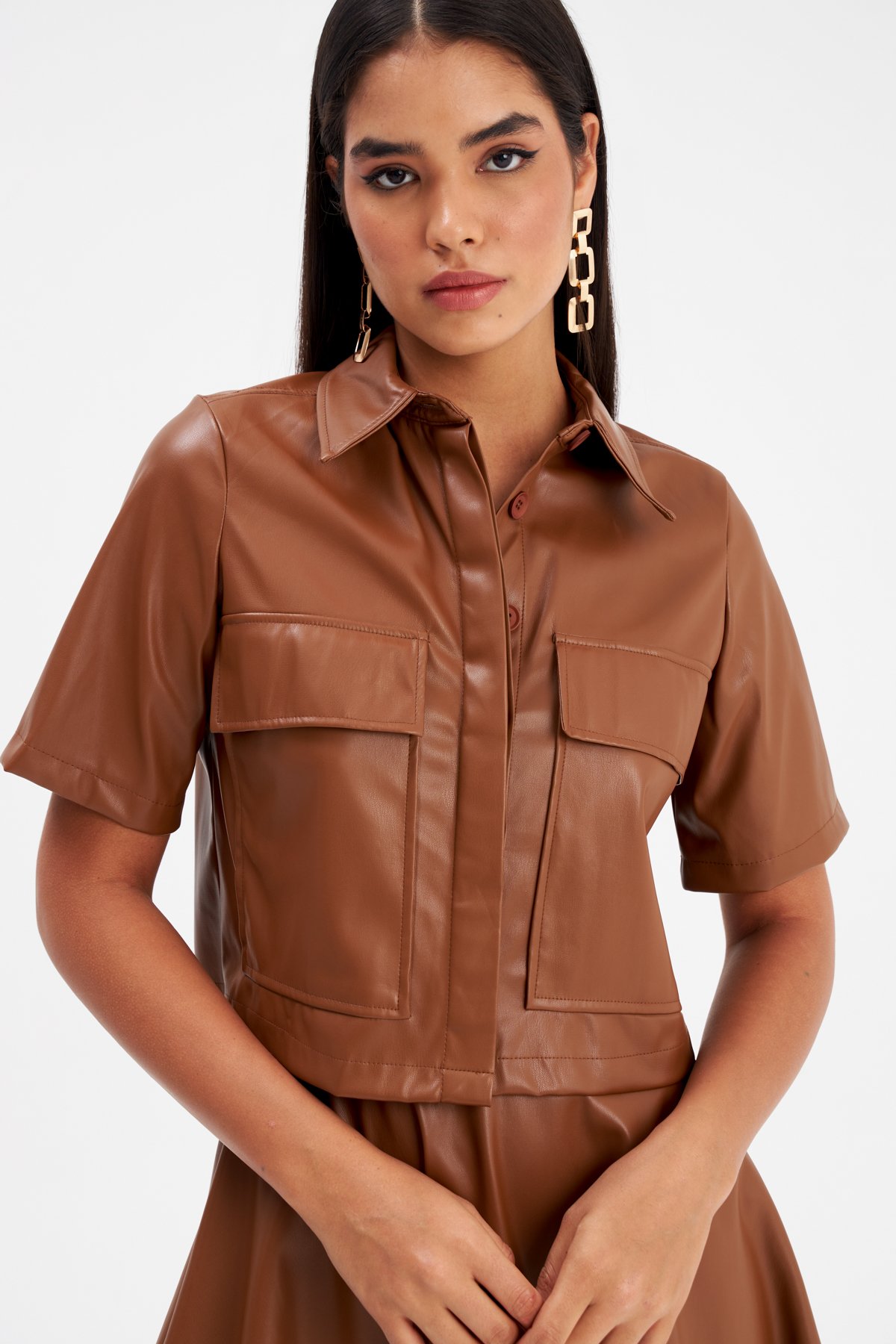 Cep Detaylı Kısa Kol Deri Gömlek - KAHVE