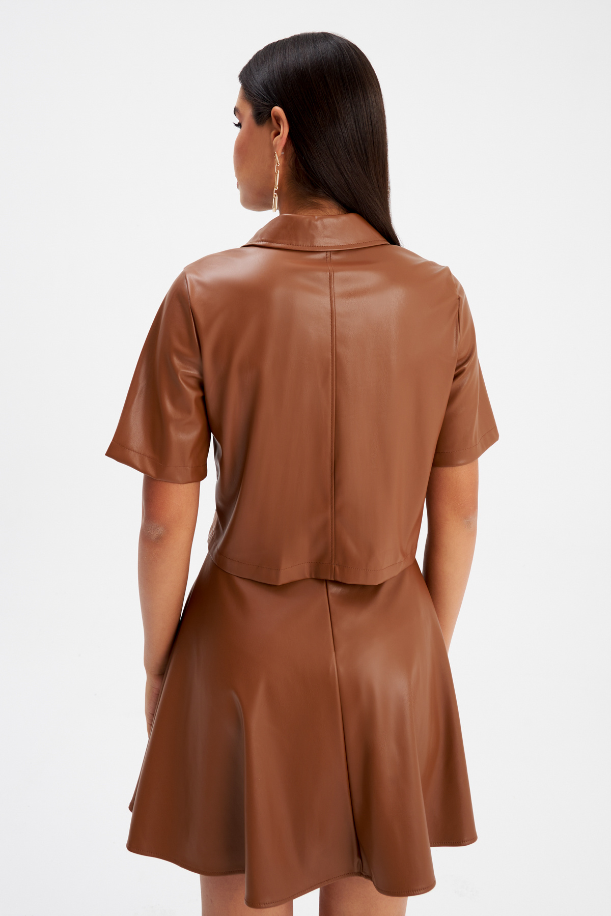 Cep Detaylı Kısa Kol Deri Gömlek - KAHVE