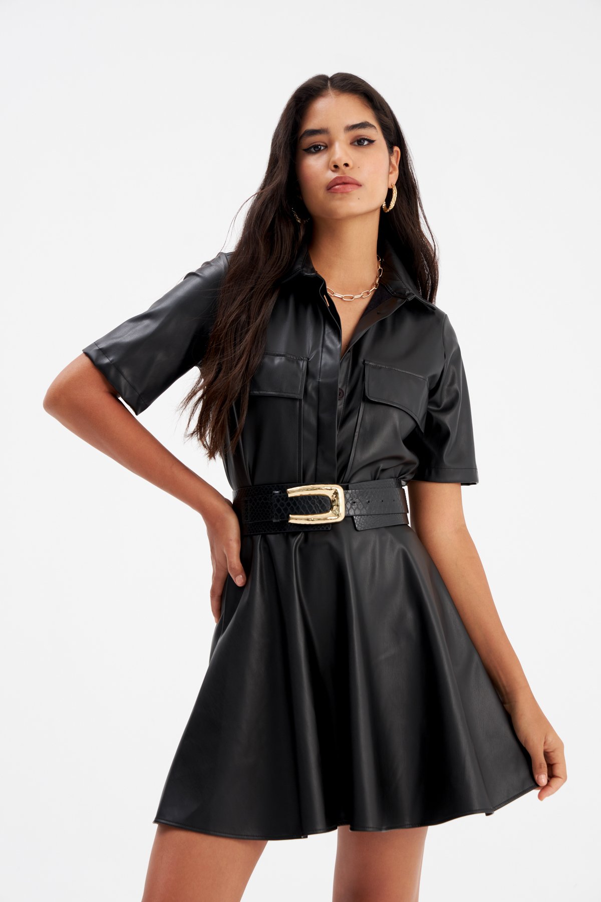 Cep Detaylı Kısa Kol Deri Gömlek - SİYAH