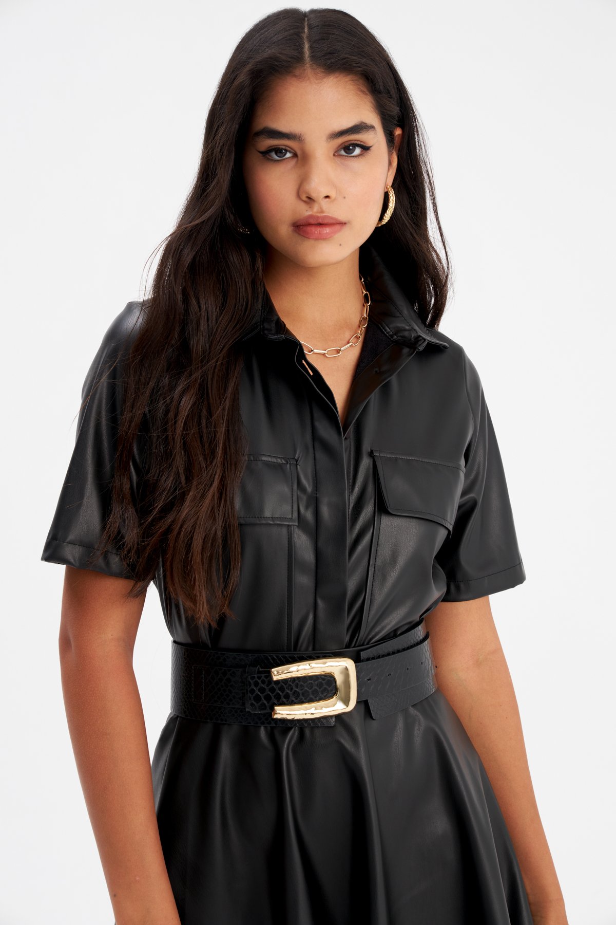 Cep Detaylı Kısa Kol Deri Gömlek - SİYAH