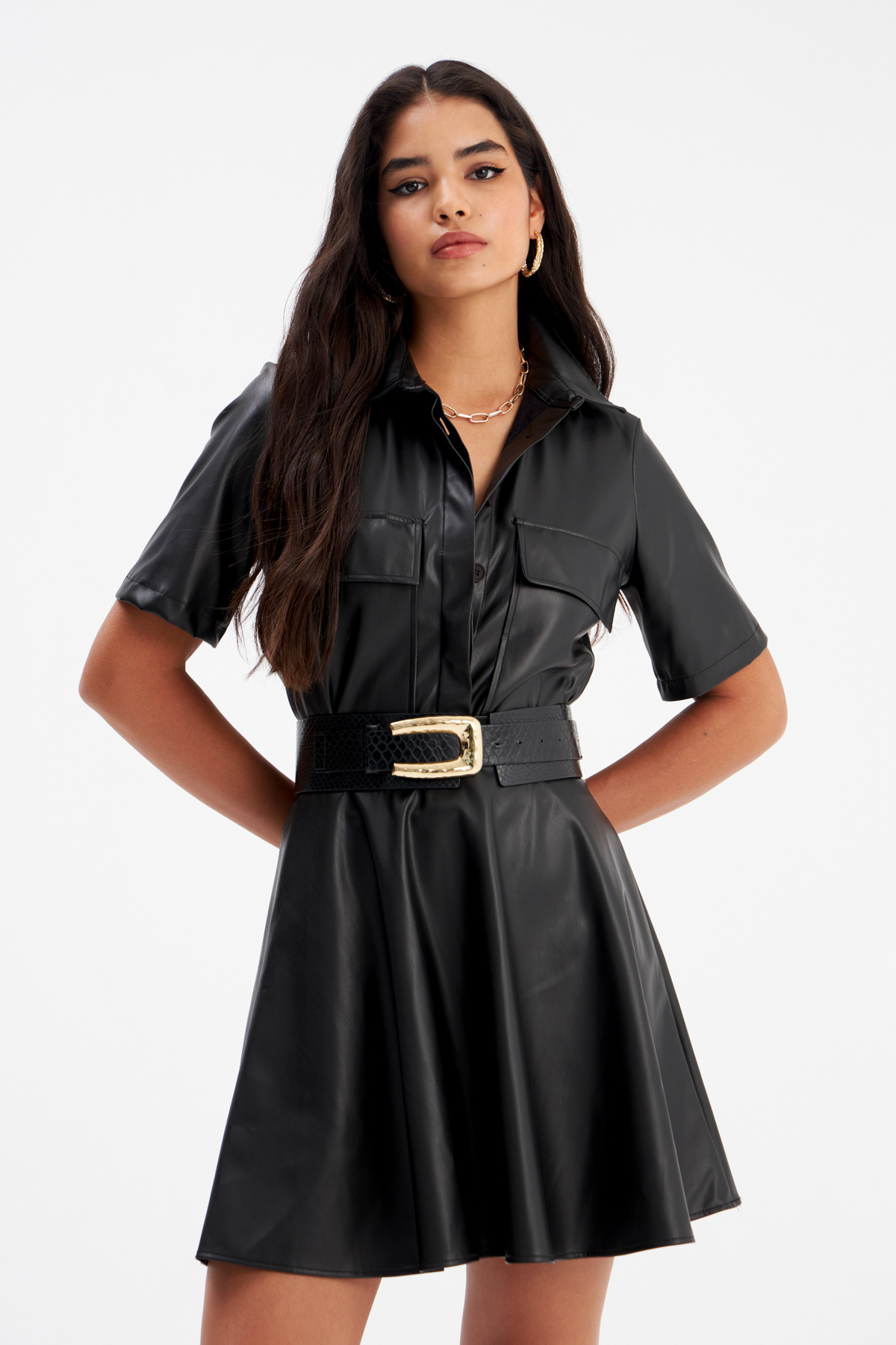 Cep Detaylı Kısa Kol Deri Gömlek - SİYAH