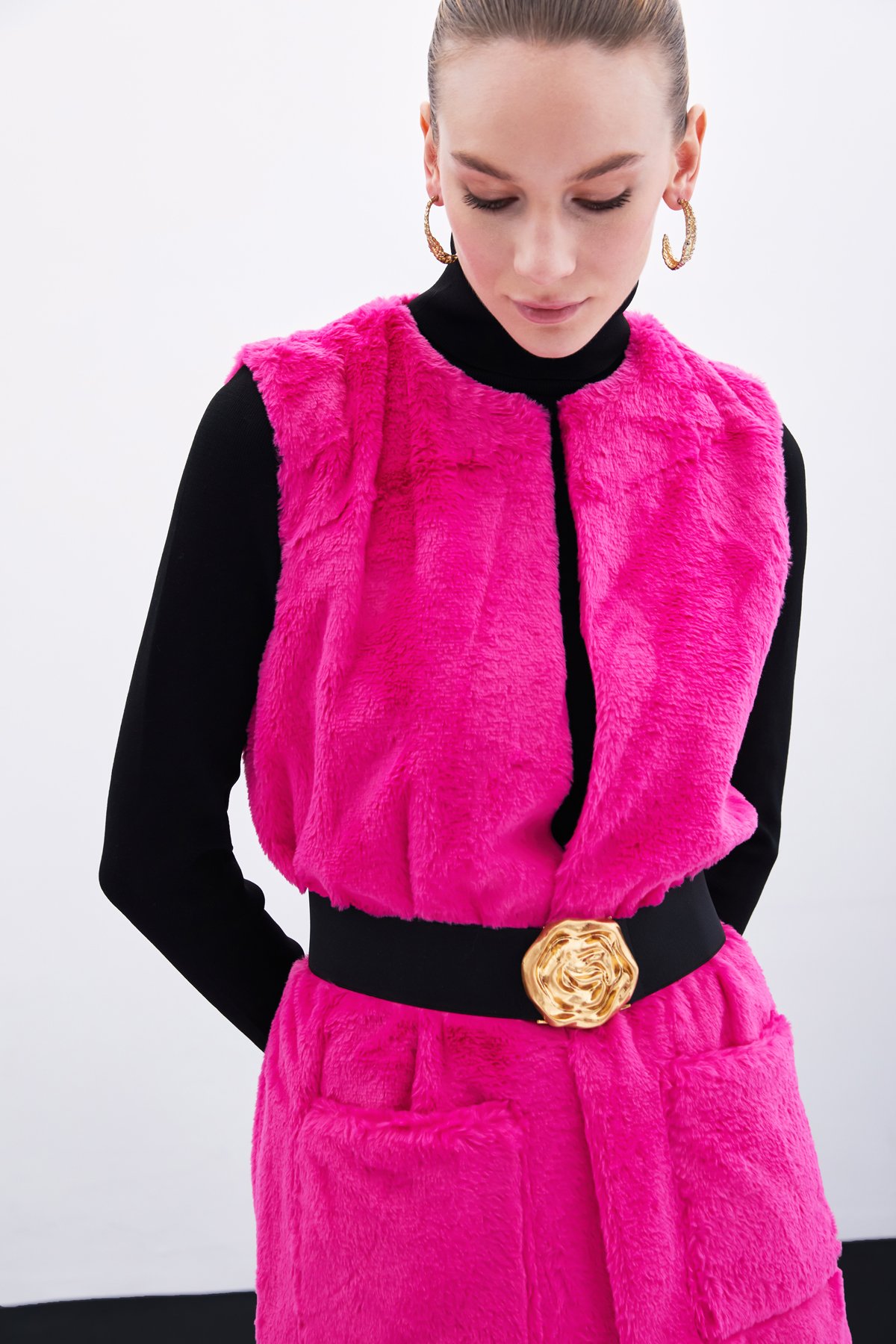Cep Detaylı Peluş Yelek - Fuşya