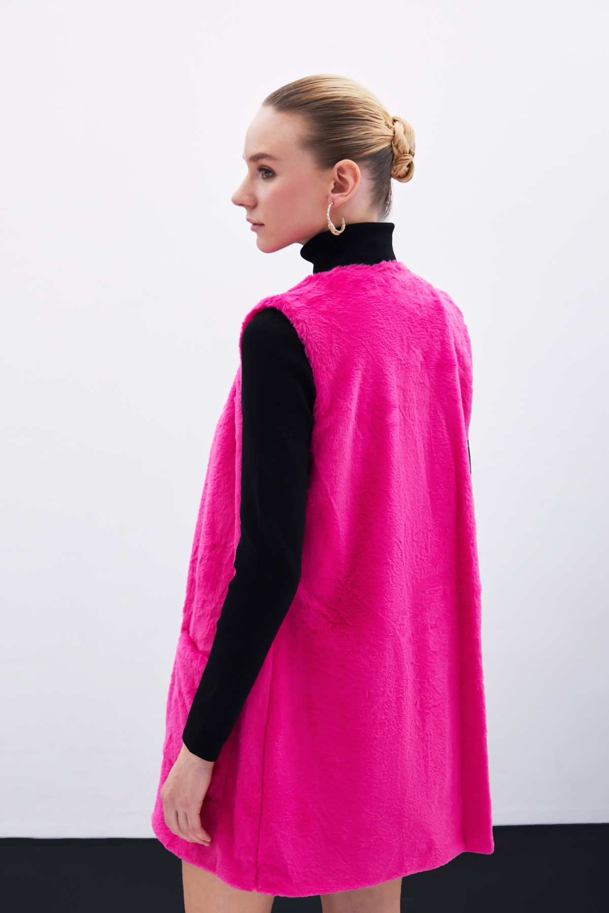 Cep Detaylı Peluş Yelek - Fuşya