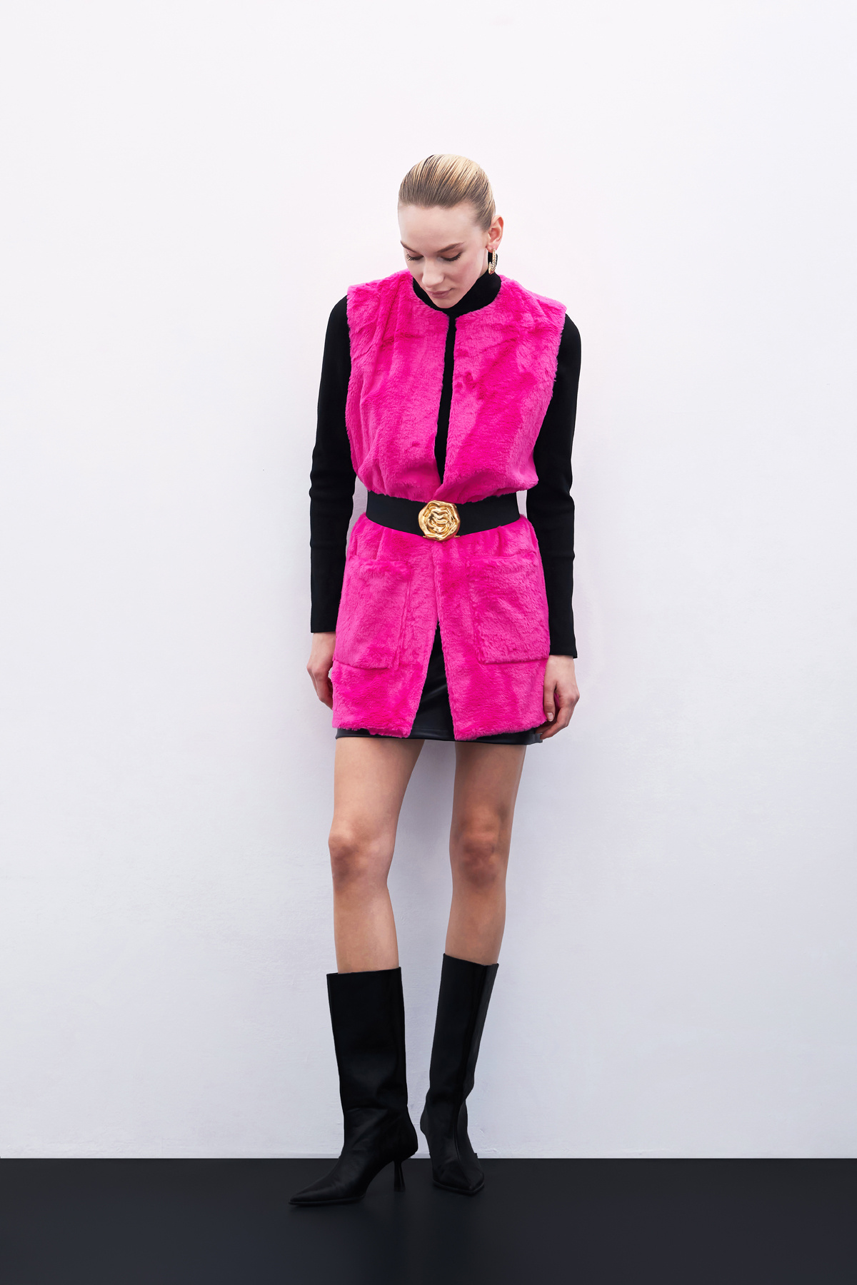 Cep Detaylı Peluş Yelek - Fuşya