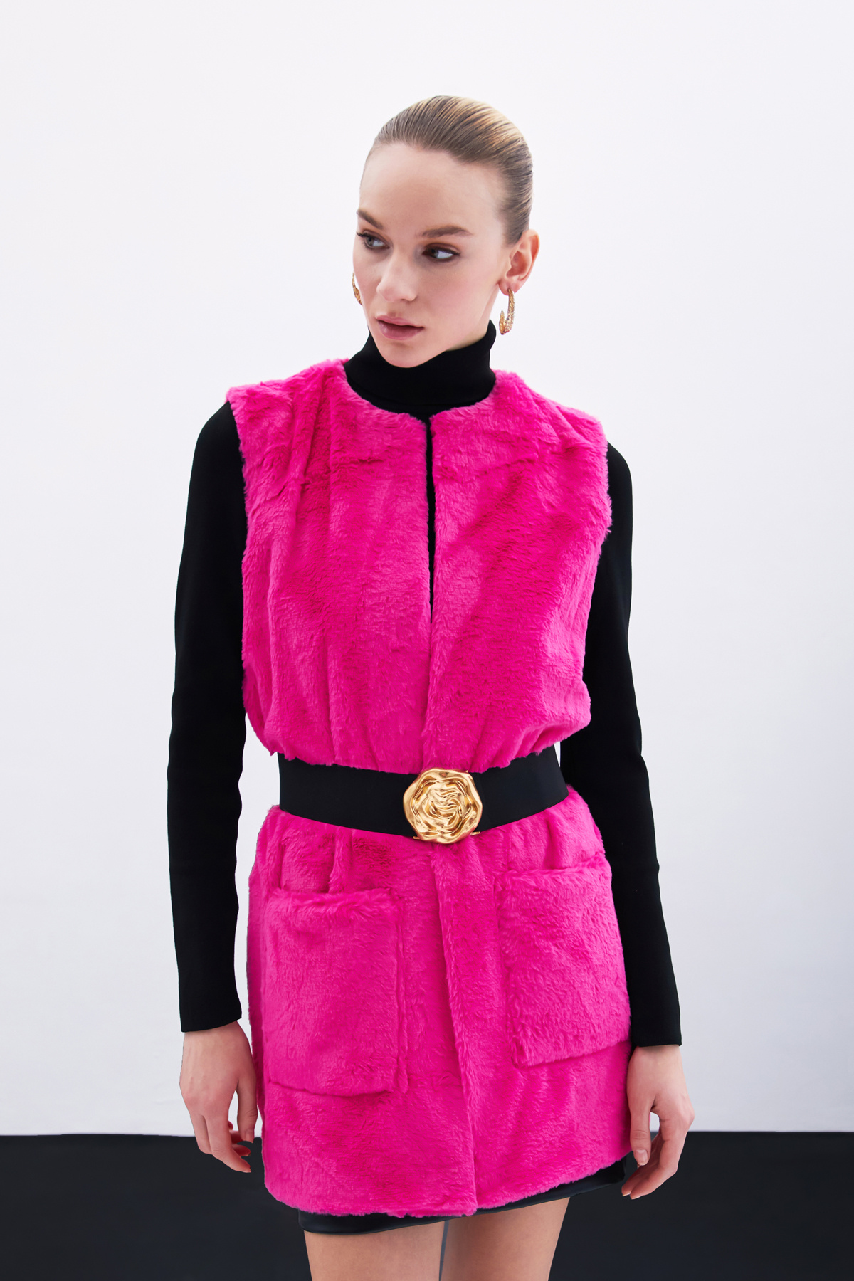 Cep Detaylı Peluş Yelek - Fuşya