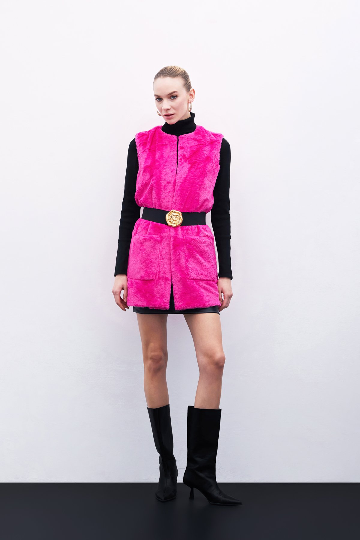 Cep Detaylı Peluş Yelek - Fuşya