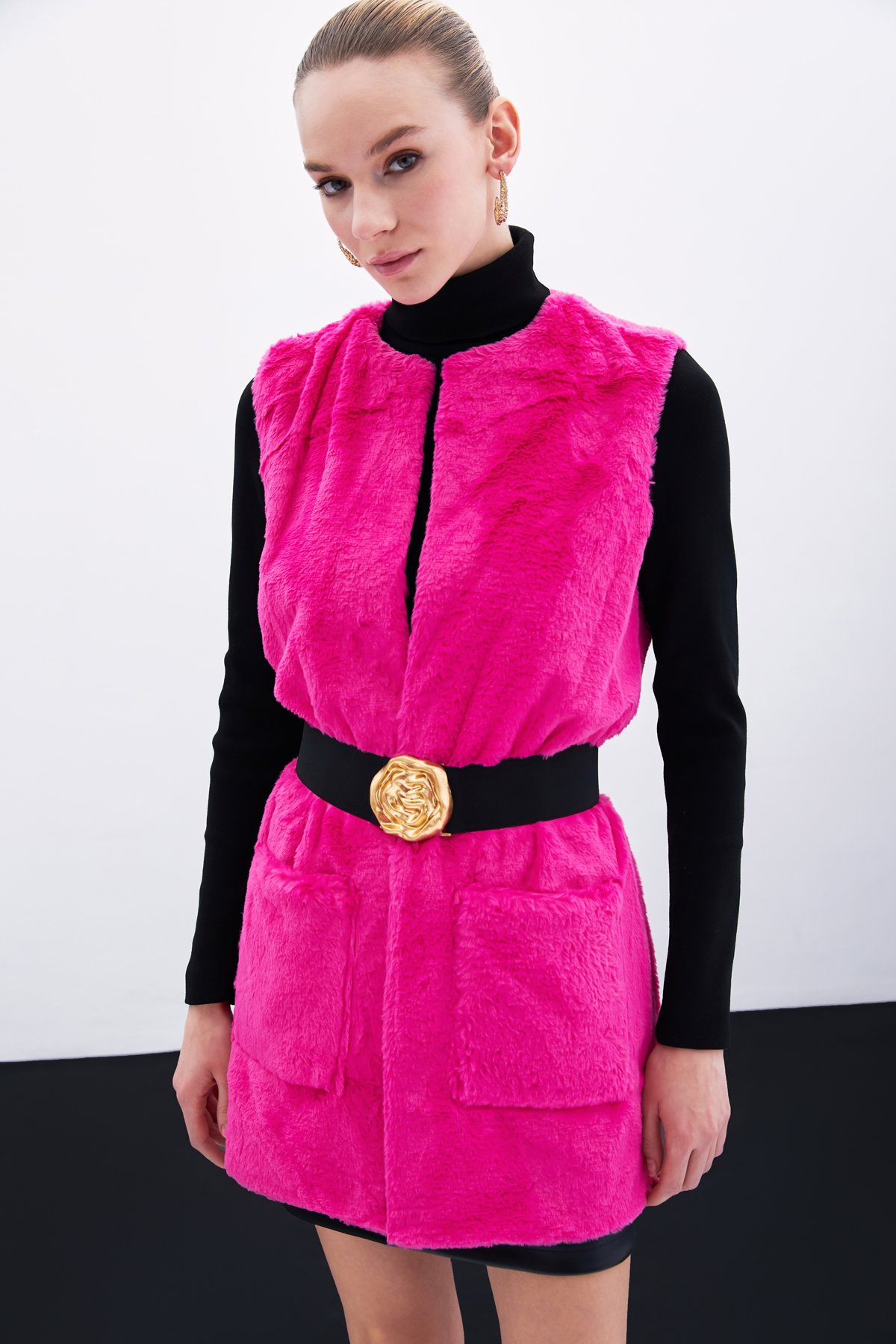 Cep Detaylı Peluş Yelek - Fuşya