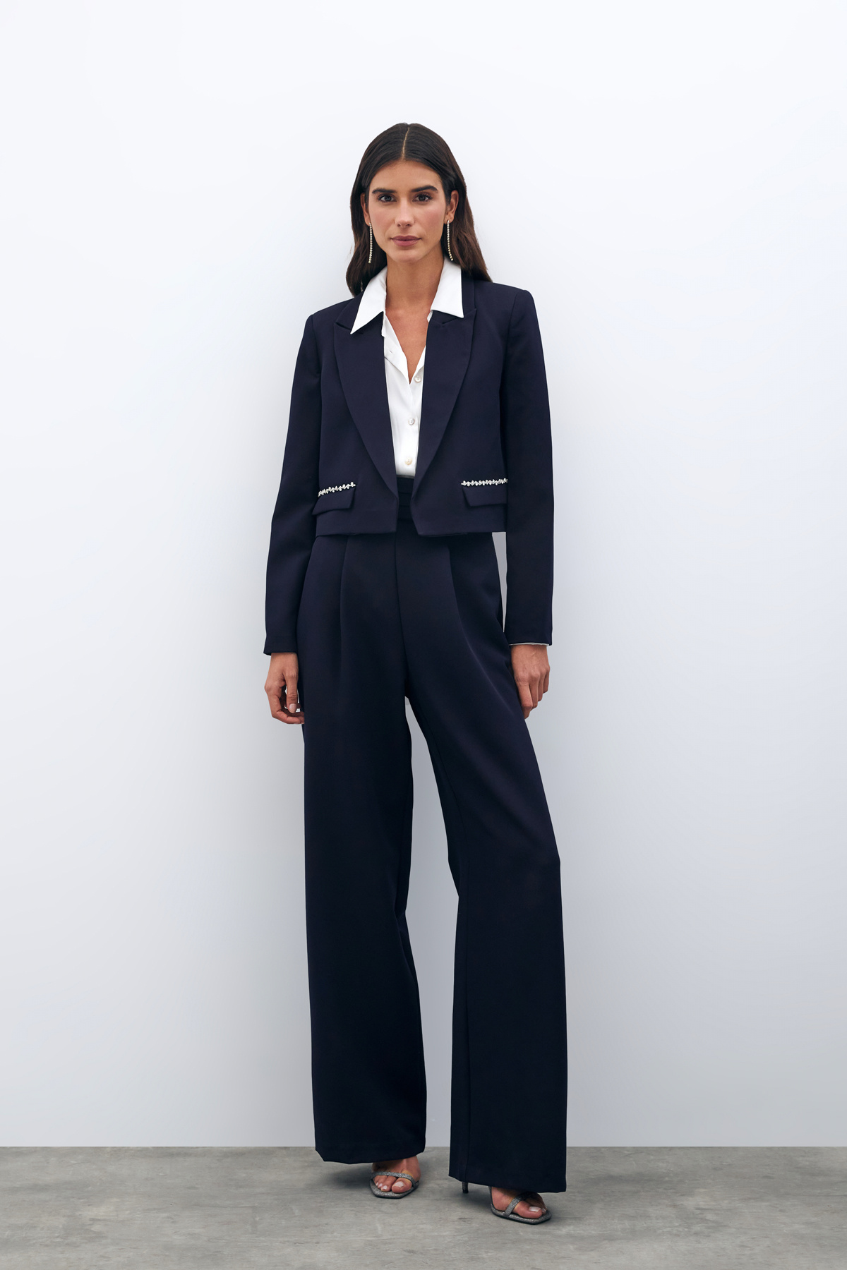 Cep Taş Detaylı Kısa Ceket - LACİVERT