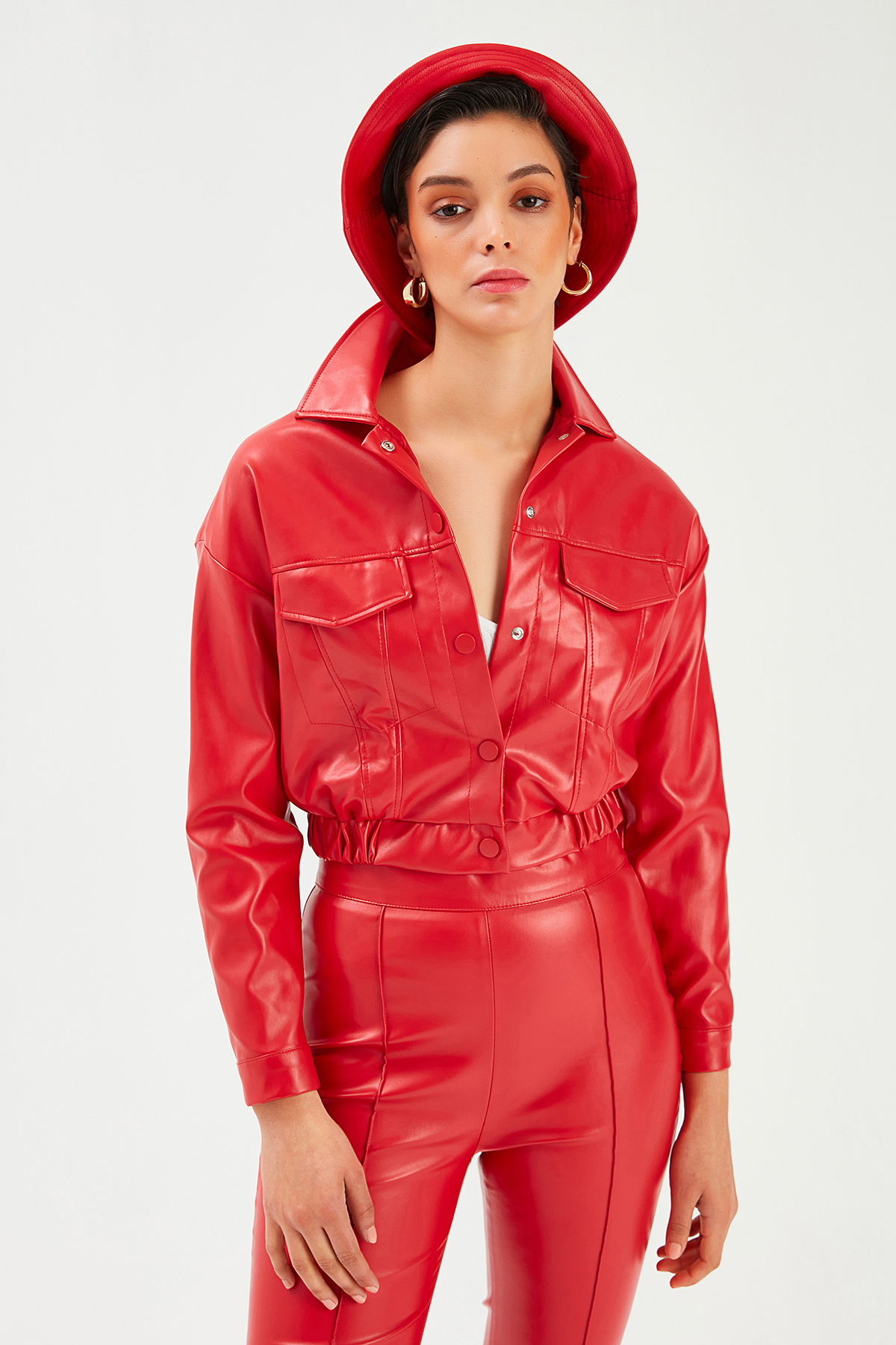 Cepli Crop Deri Ceket - KIRMIZI